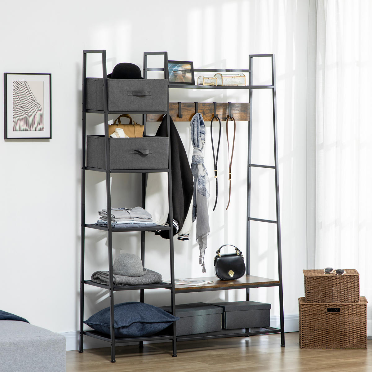 KLEIDERSTÄNDER DE-17204 6 Regale, 4 Haken, 2 Schubladen Schwarz/Natur - Braun, Metall (125/185.5/43cm) - ComfortXL