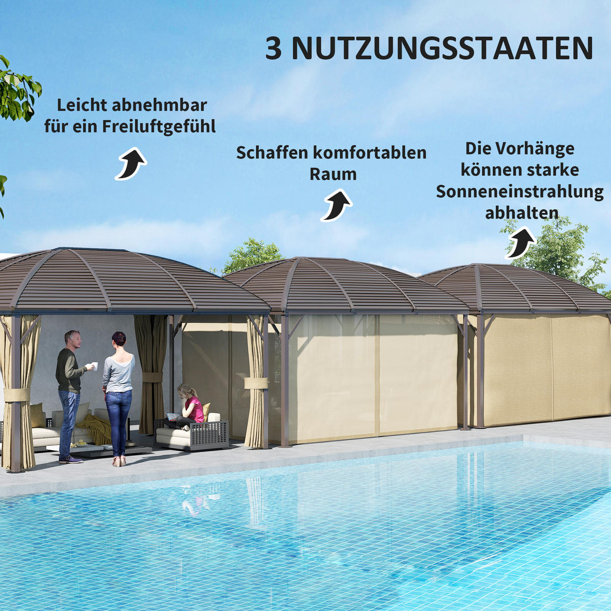 GARTENPAVILLON, Partyzelt, Festzelt, 4 x Doppel-Seitenteile, wasserdicht, 2 Laternenhaken, ca. 4 x 3 x 2,8 m, Braun - Braun, Metall (398/280/298cm)