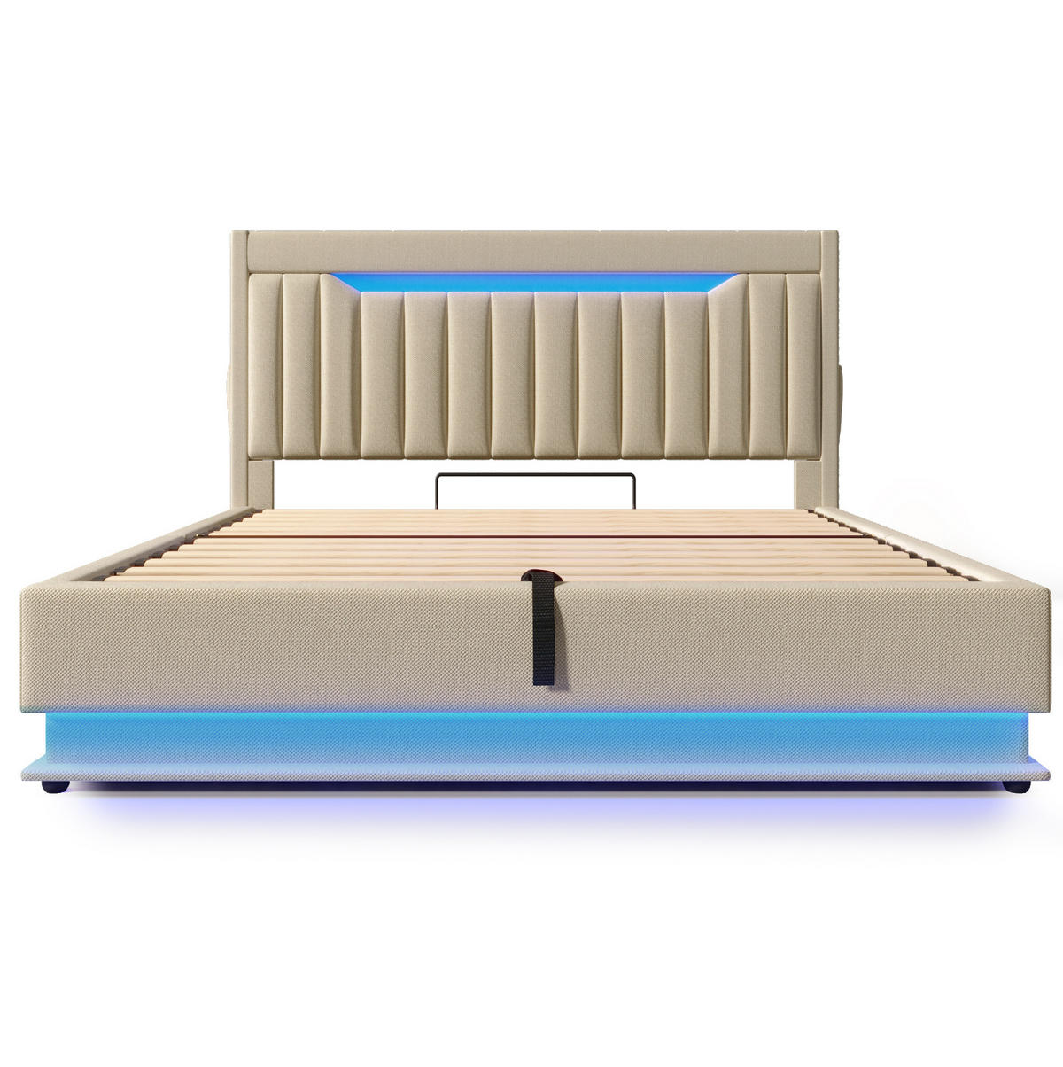 POLSTERBETT mit Stauraum, LED und USB 140x200 cm Beige Leinen - Beige, Metall (140/200cm) - Meubliv
