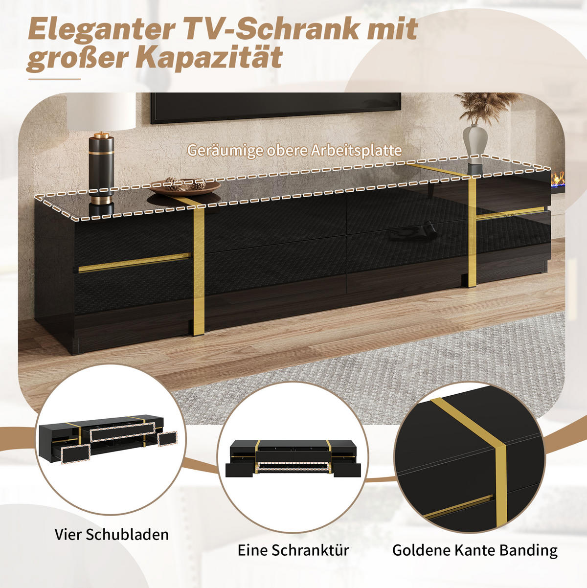 LOWBOARD 180/40/38 cm aus MDF und Holzwerkstoff mit Hochglanzfront und 4 Schubladen Schwarz - Schwarz, Holzwerkstoff (180/38/40cm) - Modenvie