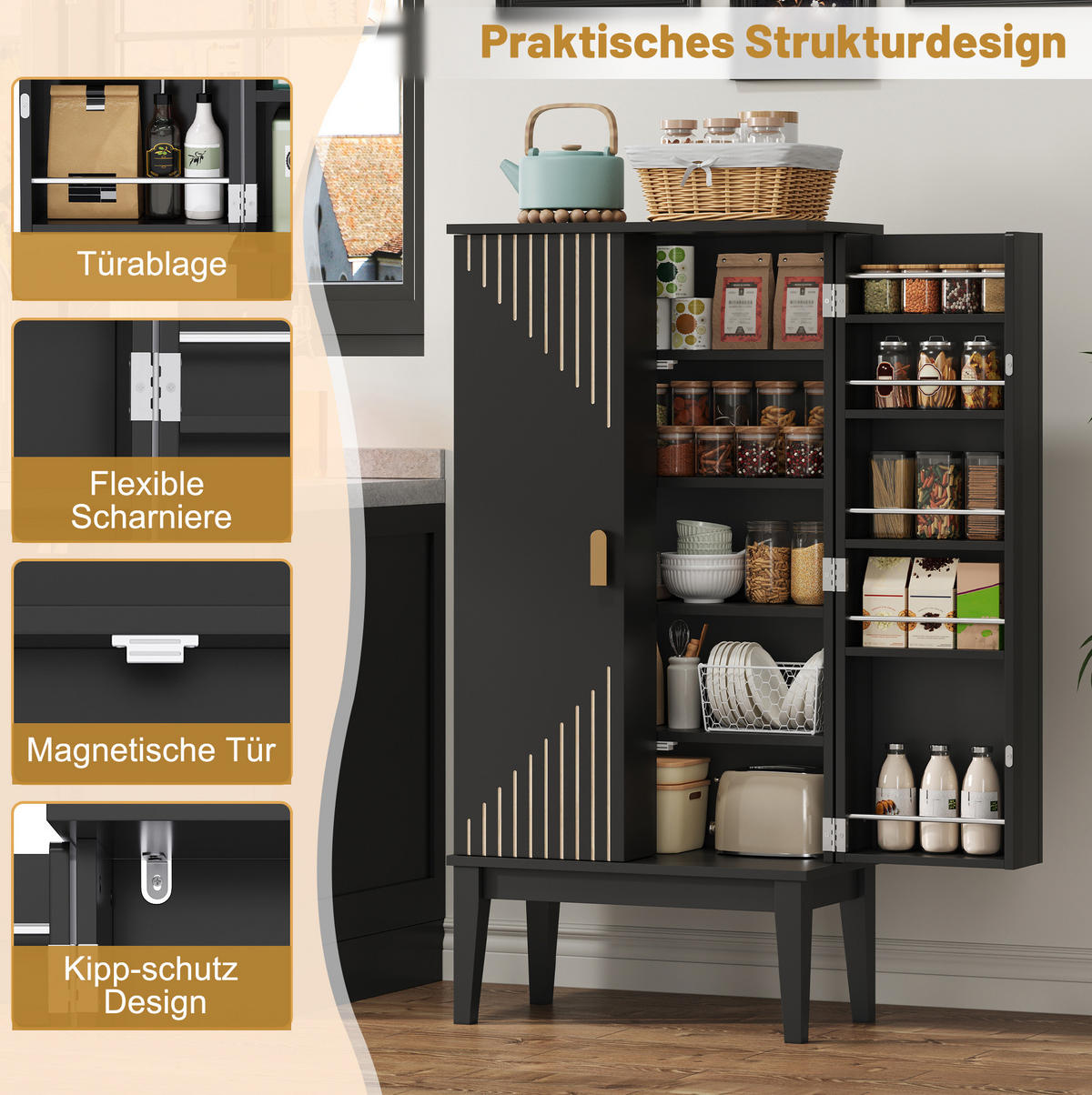 DONJI kuhinjski element, 120/59/30 cm, MDF crni, s 5 polica i prostorom za odlaganje u vratima - crna, drvni materijal (59/120/30cm) - BEAOK