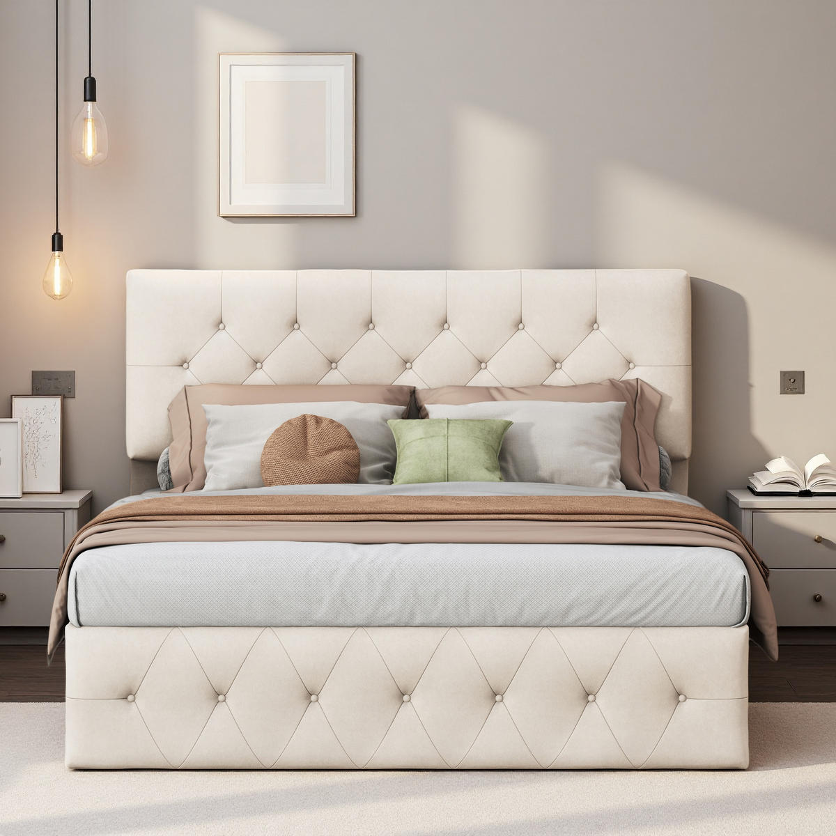 POLSTERBETT 140x200 Aprikose Samt Gasdruckfeder - Beige, Metall (140/200cm) - SHOPENTRA