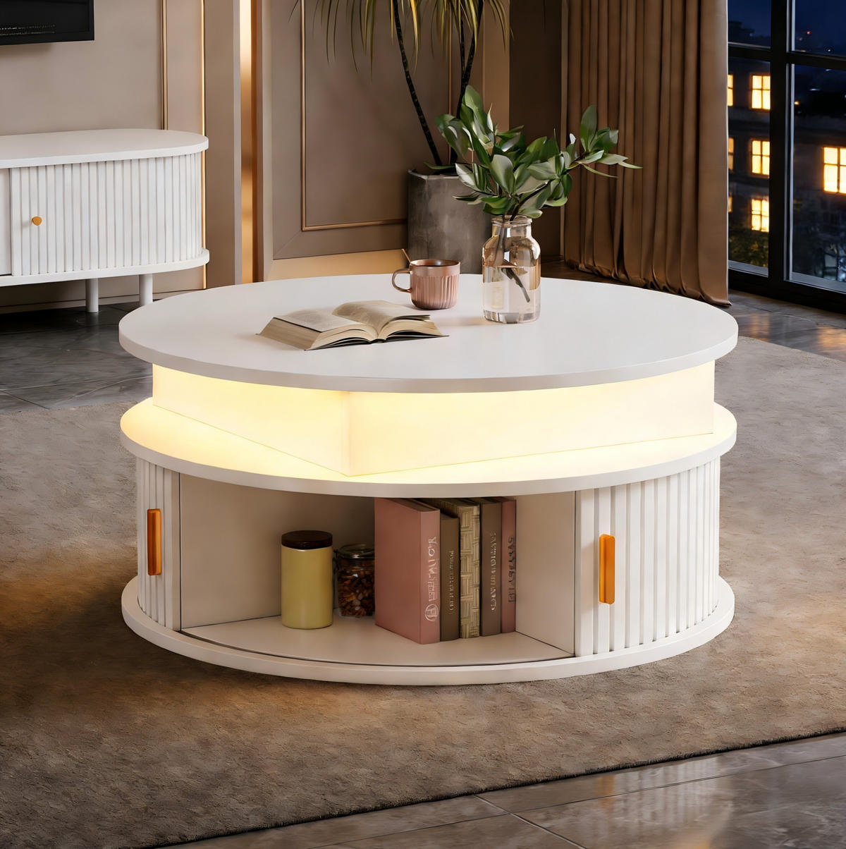 COUCHTISCH 75/75/52 cm aus MDF, höhenverstellbar mit LED-Beleuchtung, Rollladentüren und Stauraum, Weiß - Weiß, Holzwerkstoff (75/75/52cm) - Modfu