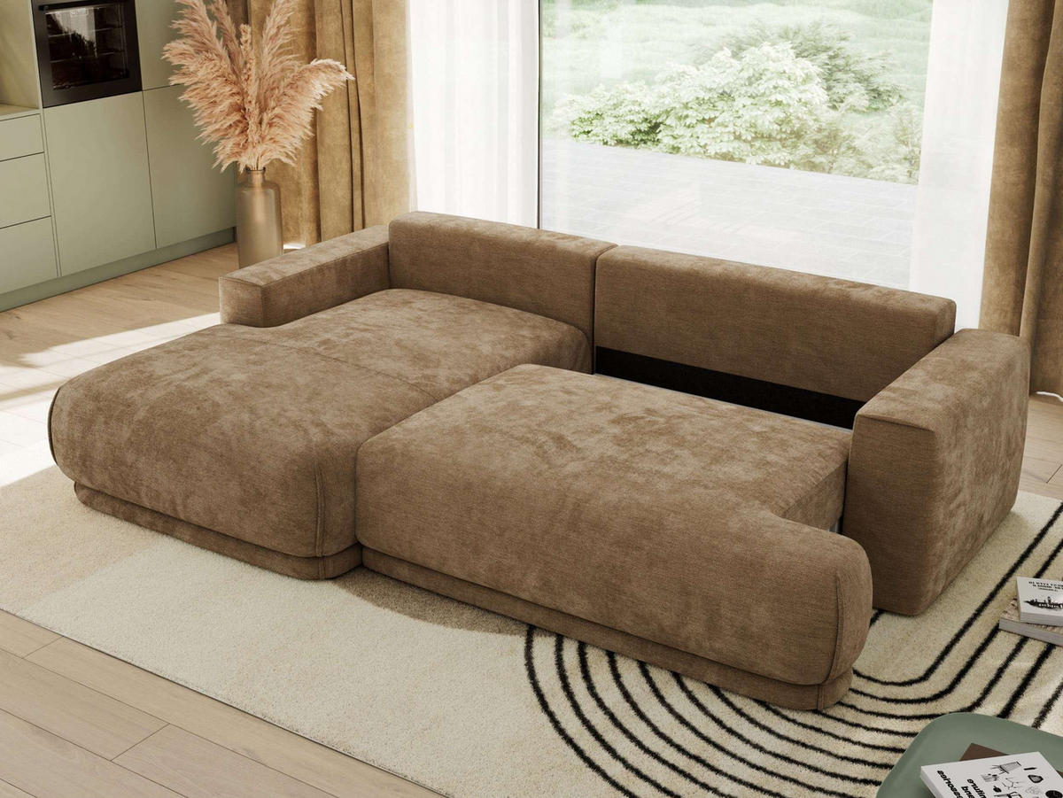 ECKSCHLAFSOFA RINA L Braun Schenille glatt - links - Schwarz/Braun, Kunststoff/Textil (267/170cm) - MKS