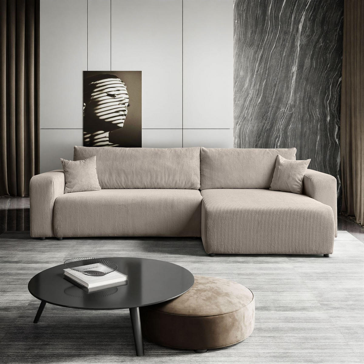 ECKSOFA Gepolstertes PRESTIGE XL mit Schlaffunktion und Bettkasten, Poso 02 - Beige, Textil (277/143cm) - Lookway