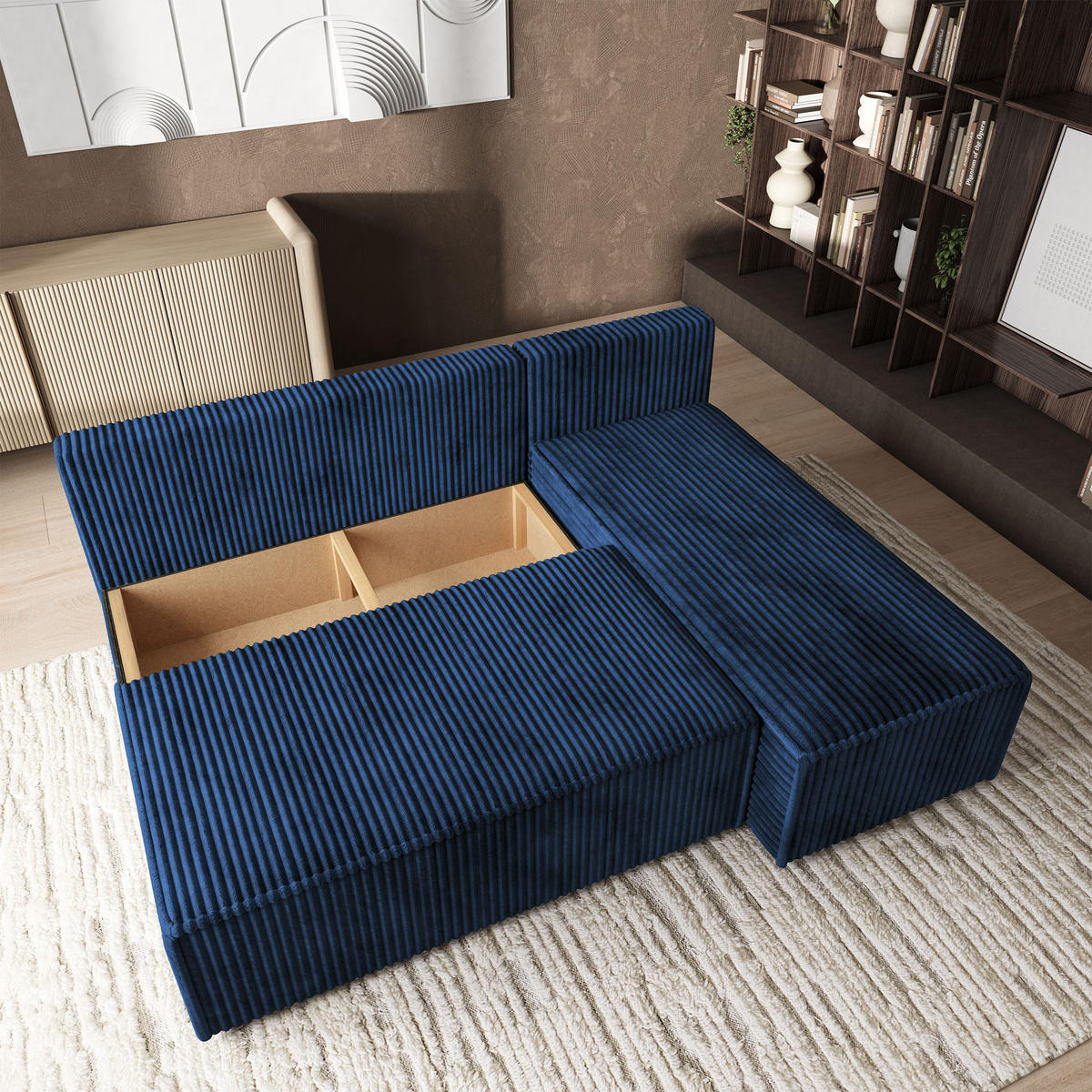 ROHOVÁ SEDAČKA BRISO modrá - šedá/modrá, dřevo/textil (200/140cm) - MASSENO