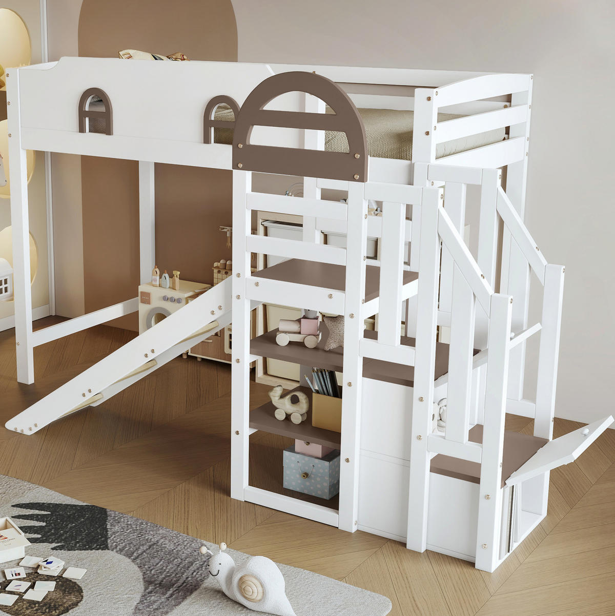 ETAGENBETT 90/200 cm mit Rutsche, Stauraumtreppe, Fenstern und Rundum-Absturzschutz aus Kiefer/MDF, Weiß - Weiß, Holzwerkstoff (90/200cm) - Redom