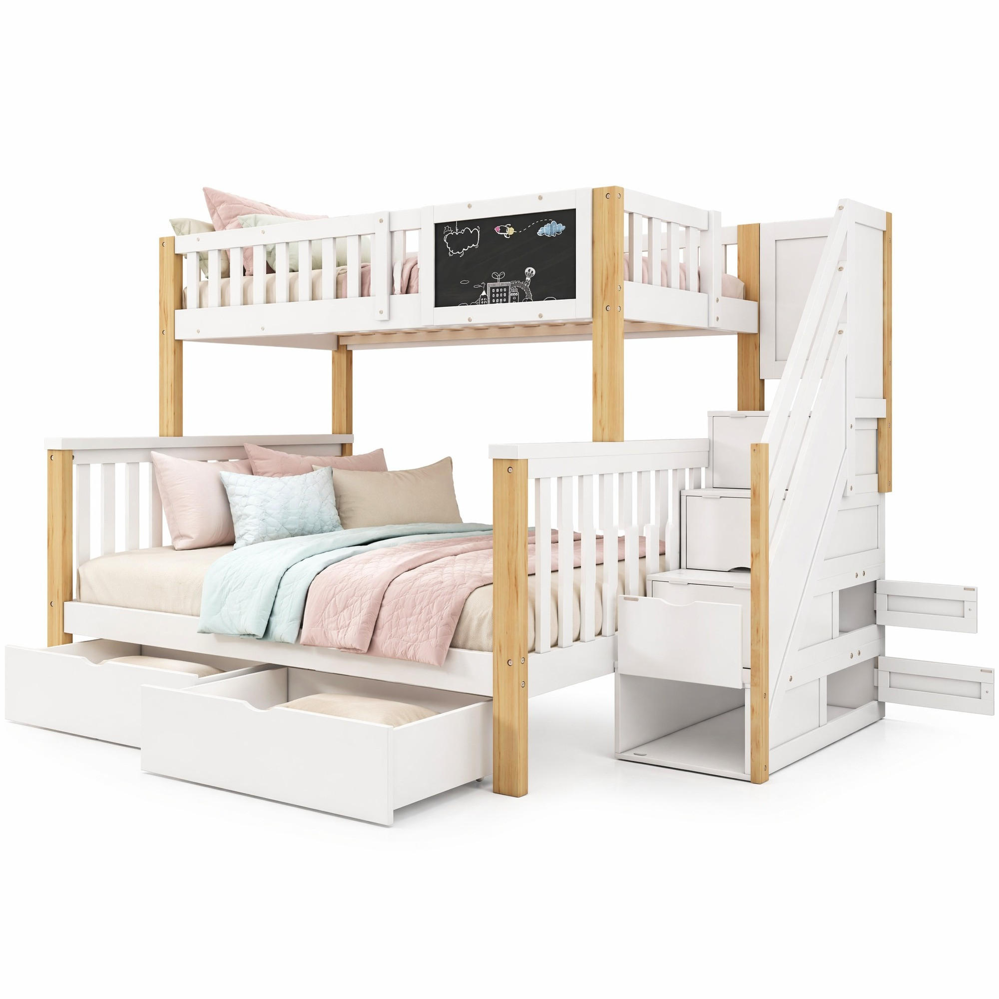 ETAGENBETT 90/200 cm in Weiß/Hell-Eiche mit Tafel und Stauraum - Weiß, Holz (90/200cm) - OKMYHOME