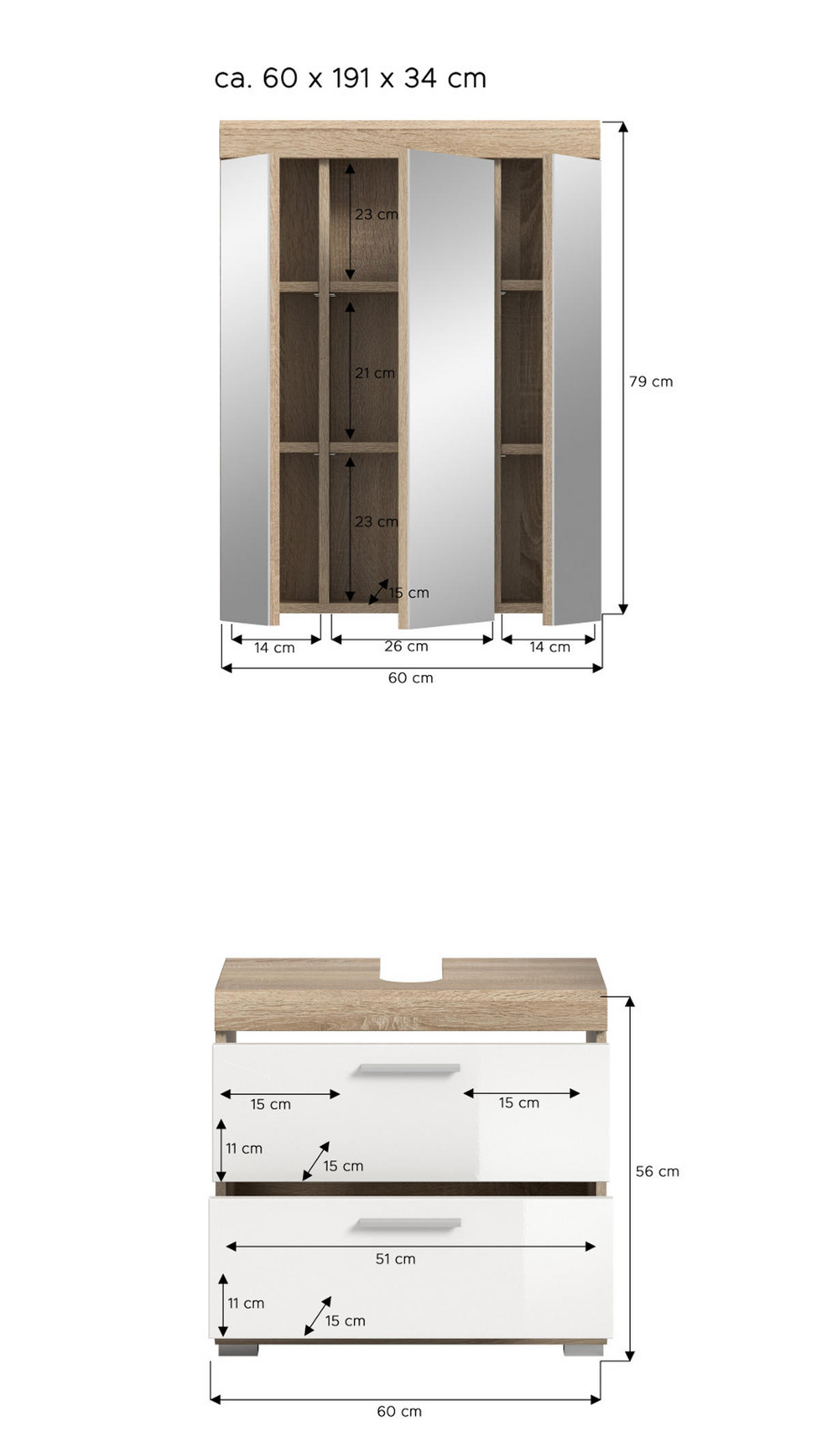 BADMÖBEL-SET weiß Hochglanz, Eiche 2-teilig 60 cm, Badezimmerschränke - Weiß Hochglanz/Eichefarben, Glas/Holzwerkstoff (60/191/37cm) - Inn.Furn