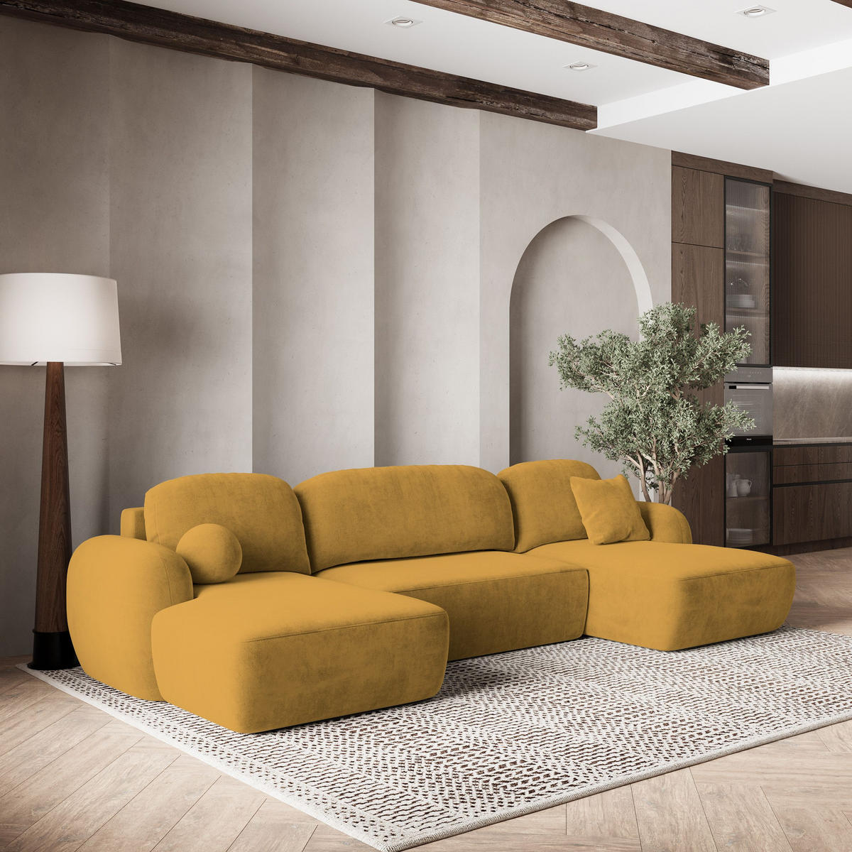 WOHNLANDSCHAFT SAVONA K Gelb Plüsch-Stoff mit Schlaffunktion - Gelb, Holz (350/90/148cm) - MASSENO