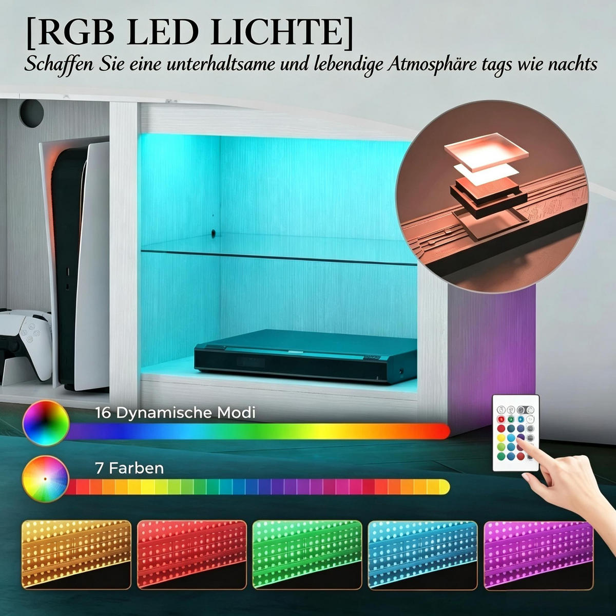 TV-SCHRANK 160/35/51.7 cm Weiß mit LED-Beleuchtung und verstellbaren Glasregalen - Weiß, Holzwerkstoff (160/51.7/35cm) - Oxeza