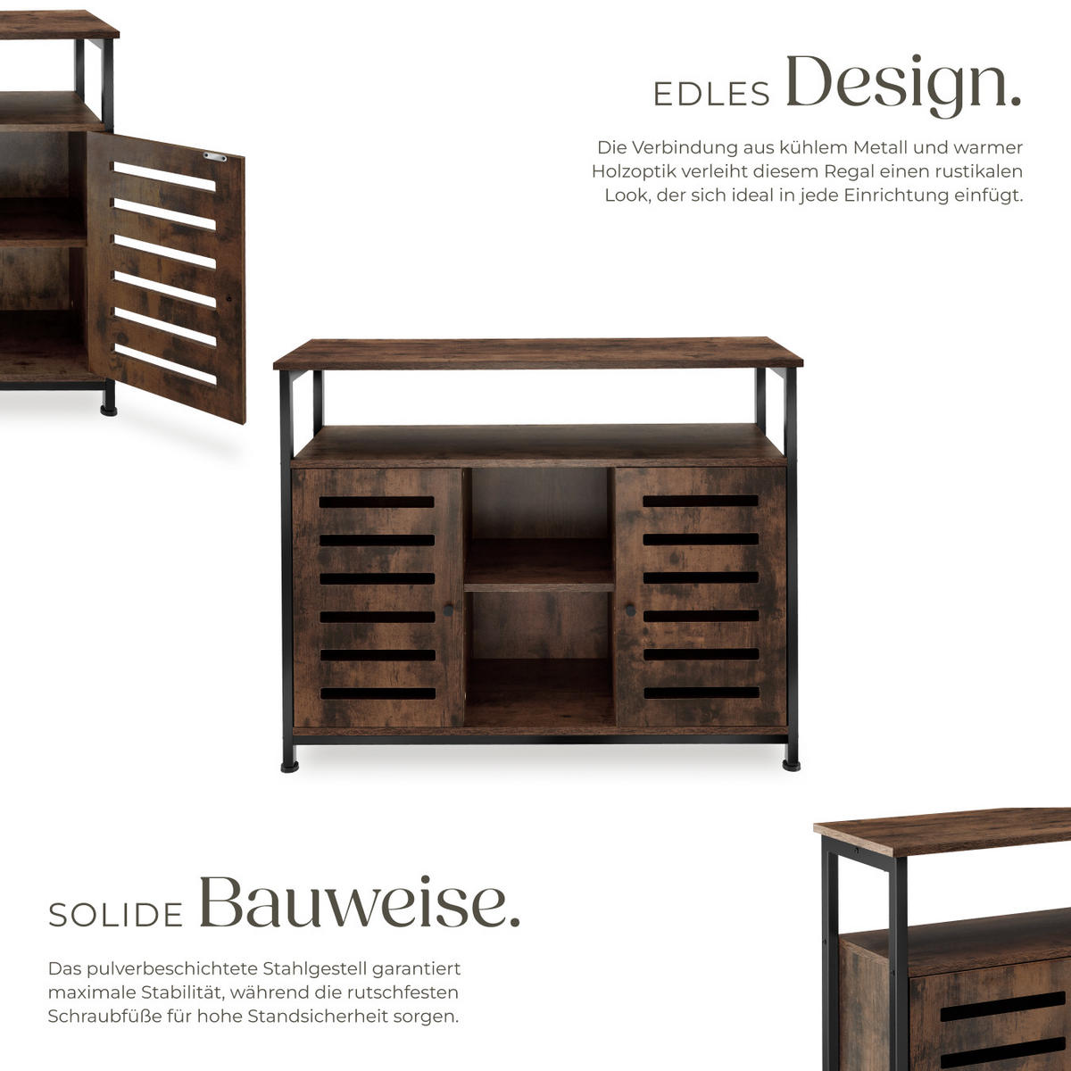 SIDEBOARD Warrington,mit höhenverstellbaren Kunststofffüßen, 100 x 37 x 82 cm,Industrial Holz dunkel, rustikal - Rostfarben, Holzwerkstoff (37/82/100cm) - tectake