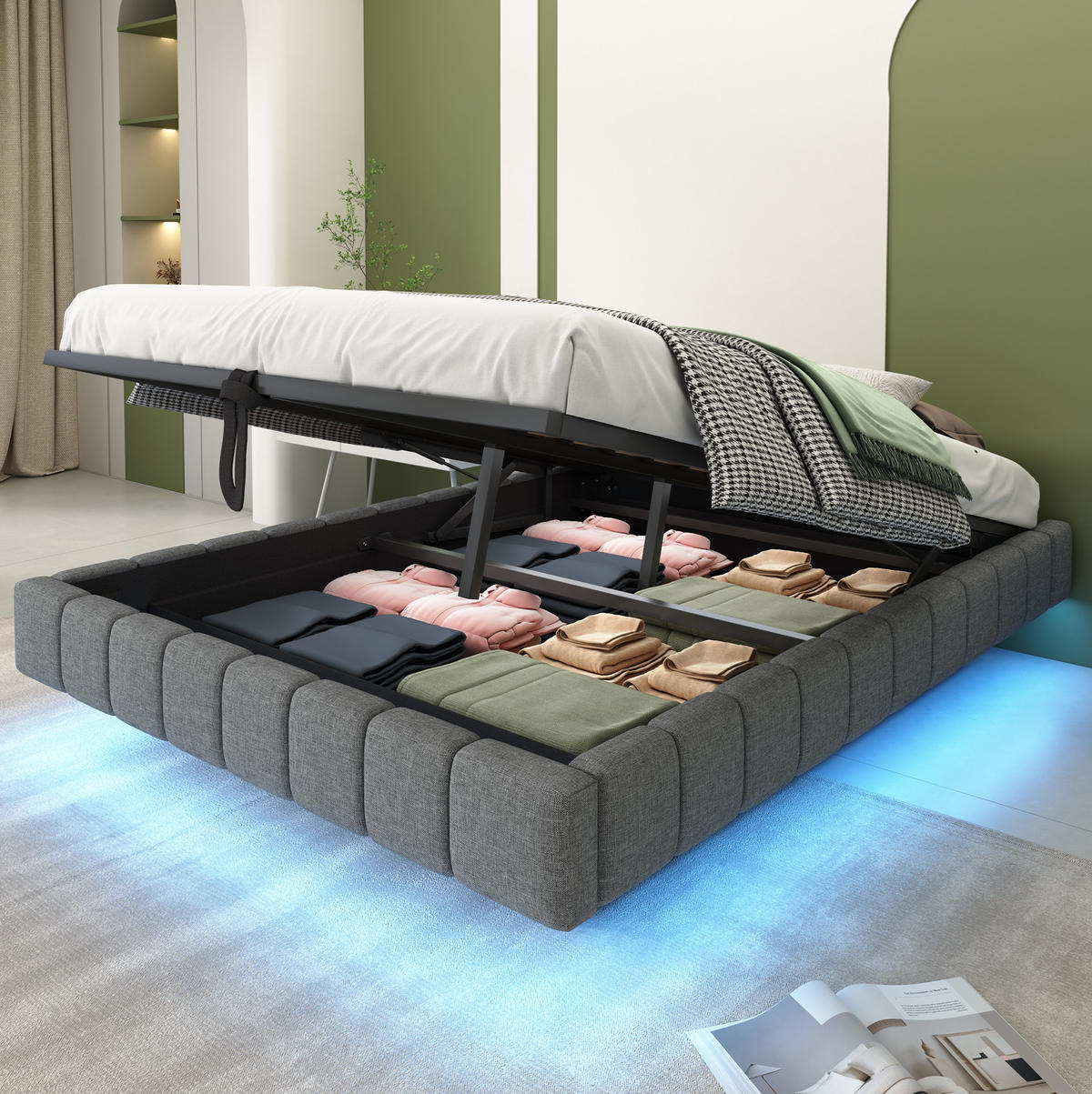 POLSTERBETT aus Leinen 140x200 cm Grau mit LED-Beleuchtung und hydraulischem Stauraum - Grau, Textil (140/200cm) - IVMEU
