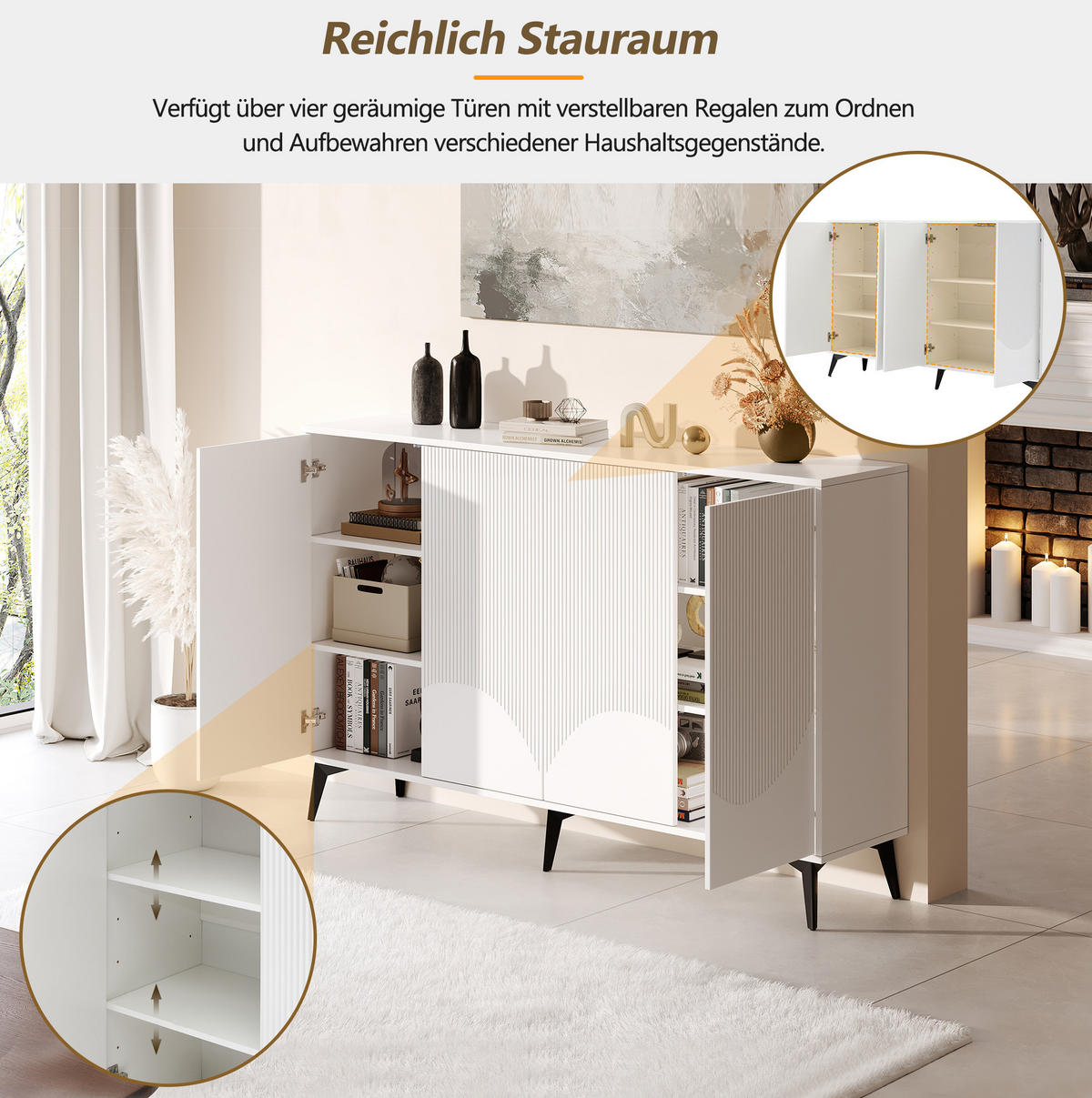 SIDEBOARD 160/35/100 cm Weiß aus Spanplatte und Metall mit verstellbaren Einlegeböden - Weiß, Holzwerkstoff (35/100/160cm) - OKWISH