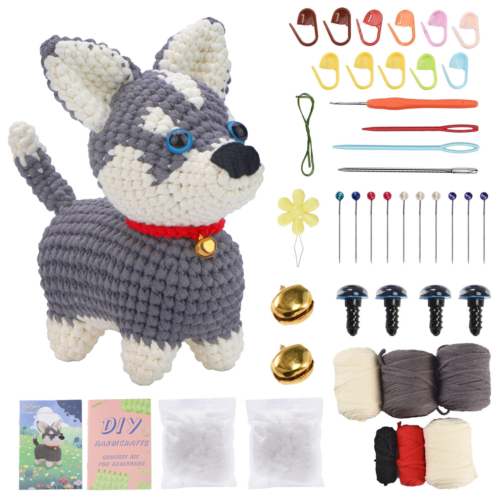 KOMPLET za heklanje haskija, DIY amigurumi za početnike s uputama i priborom - siva, tekstil (1/1/1cm)