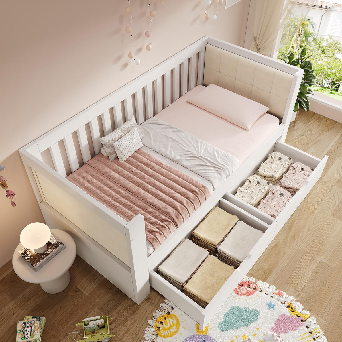 JUGENDBETT 90/200+90/190 mit Ausziehbett und Lattenrost in Weiß - Weiß, Holzwerkstoff (90/190cm) - EVRYAE