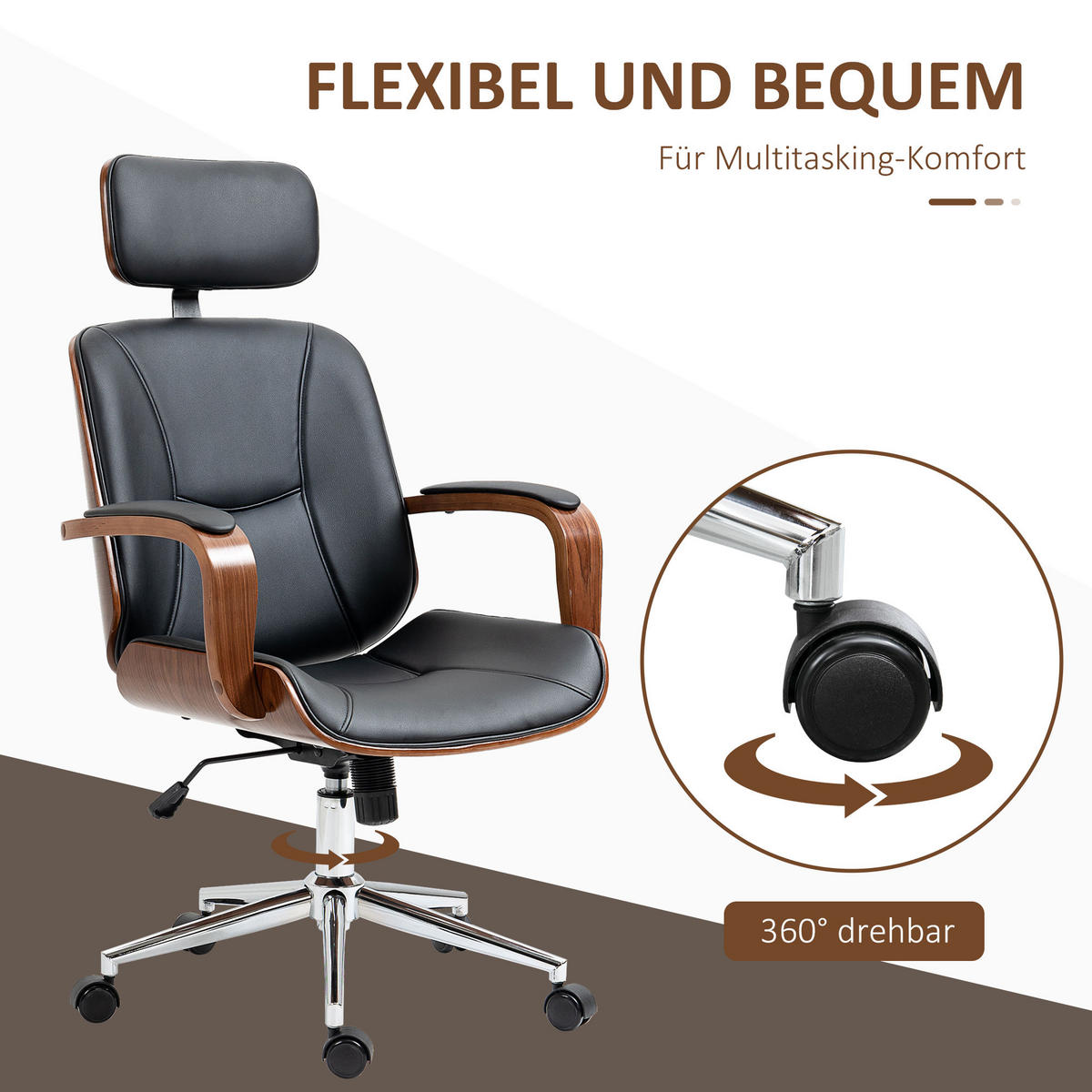 BÜROSTUHL Kunstleder Schwarz - Walnussfarben/Schwarz, Leder/Holz (65/125/66cm) - Vinsetto