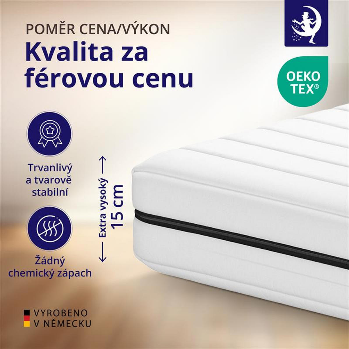 MATRACE 80/200 H2 H3 – oboustranná matrace – výška 15cm – 7zónová matrace ze studené pěny – pratelný potah - bílá, textil (80/200cm) - Mister Sandman