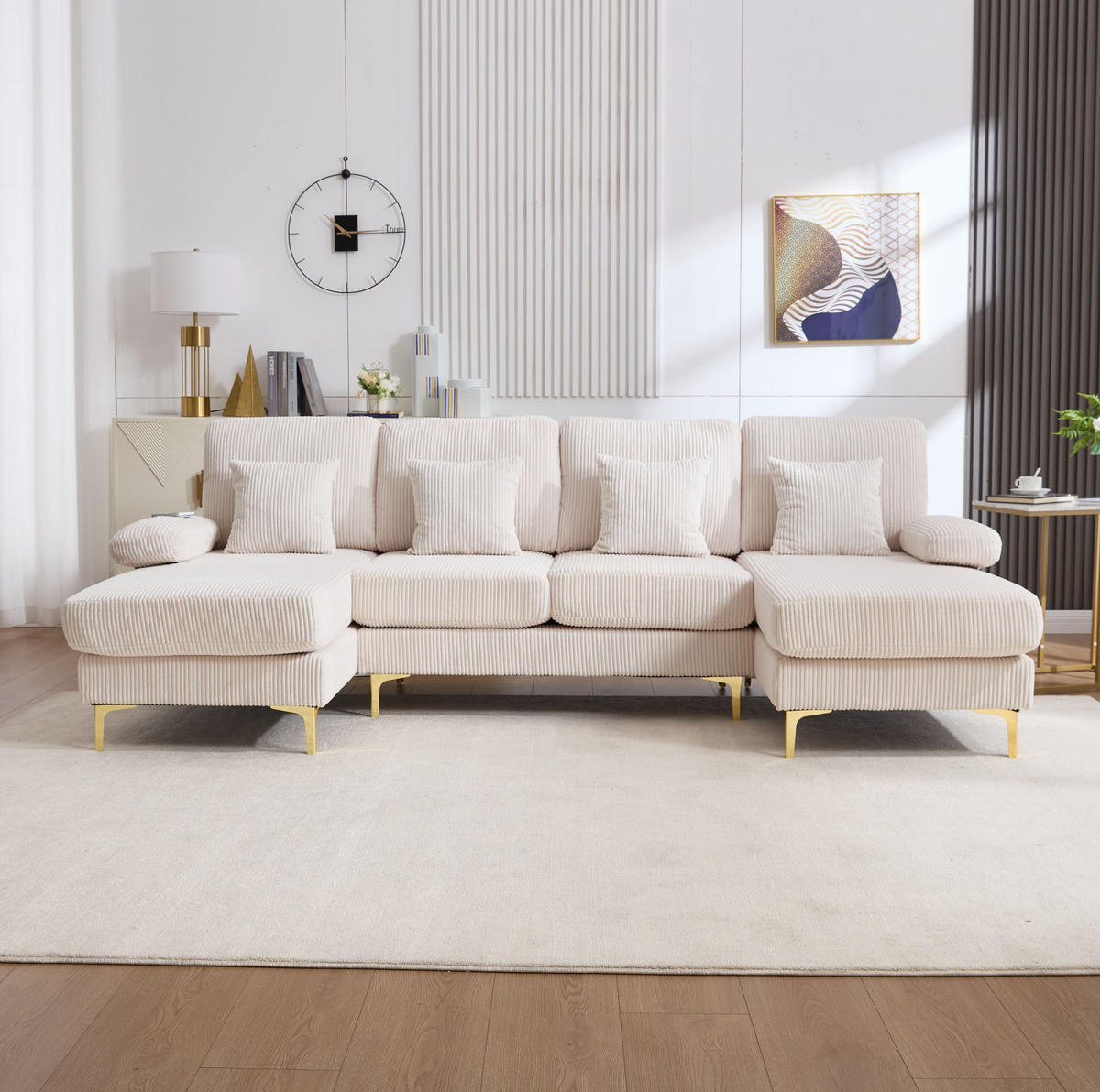 WOHNLANDSCHAFT aus Samt 265x135x88 cm Beige mit LED-Beleuchtung, USB-Anschluss und ergonomischem Komfort - Beige, Textil (265/88/135cm) - Modfu