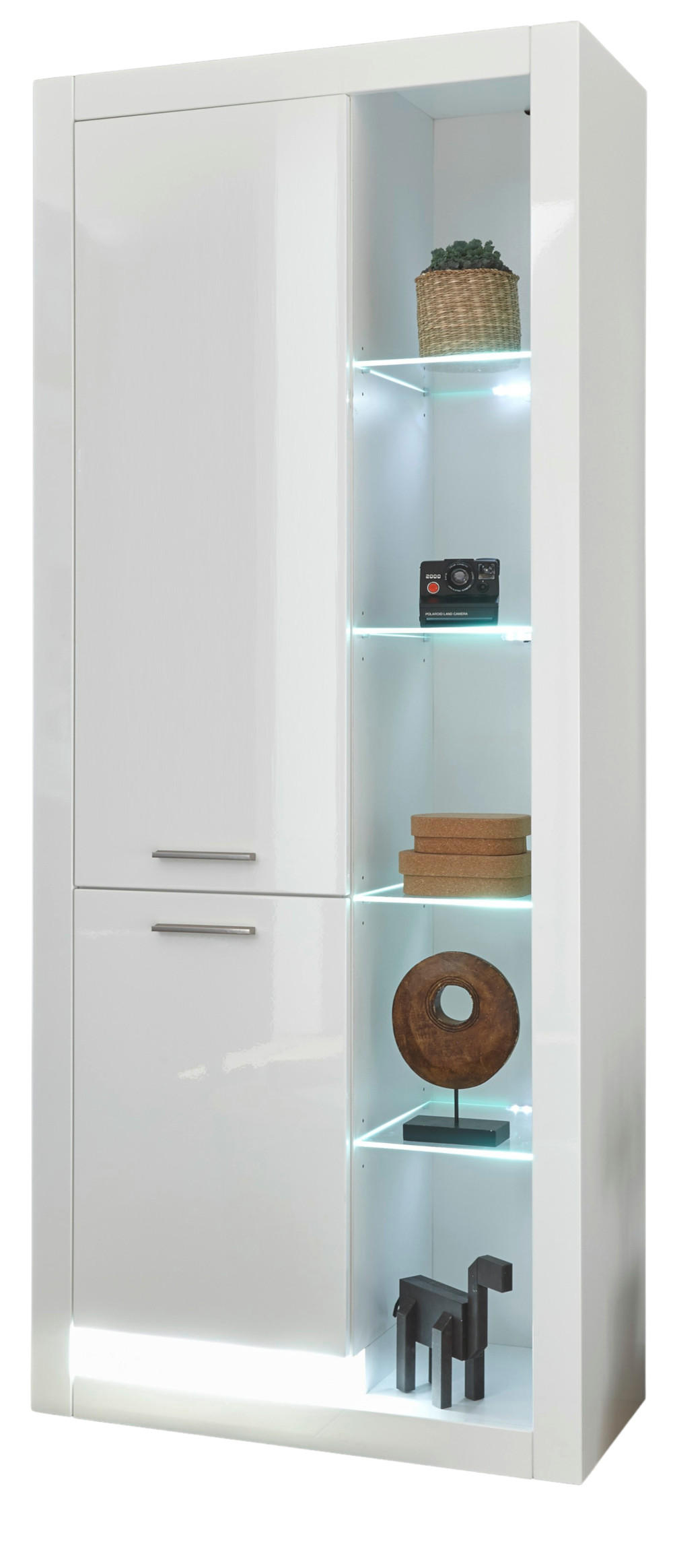 VITRINE weiß Hochglanz 80 cm, Vitrinenschrank mit 10 Fächern - Weiß Hochglanz/Silberfarben, Glas/Holzwerkstoff (80/195/37cm) - Furn.Design