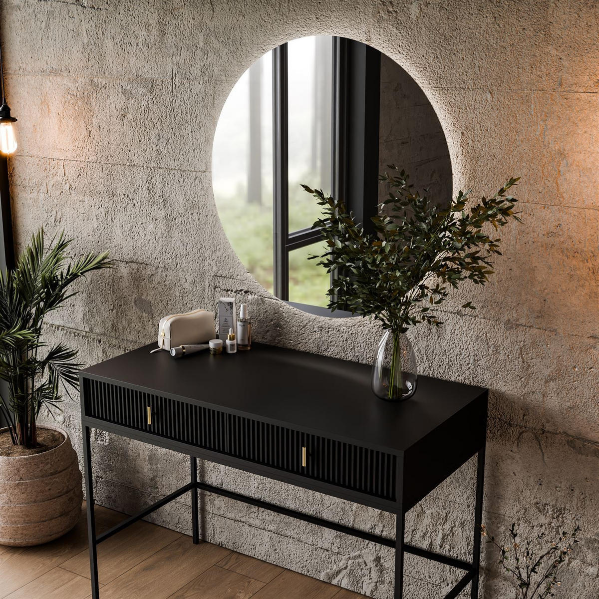 FRISIERTISCH MIDNIGHT auf Gestell mit Spiegel und LED-Beleuchtung schwarz - Schwarz, Holzwerkstoff (104/77/50cm) - Lookway