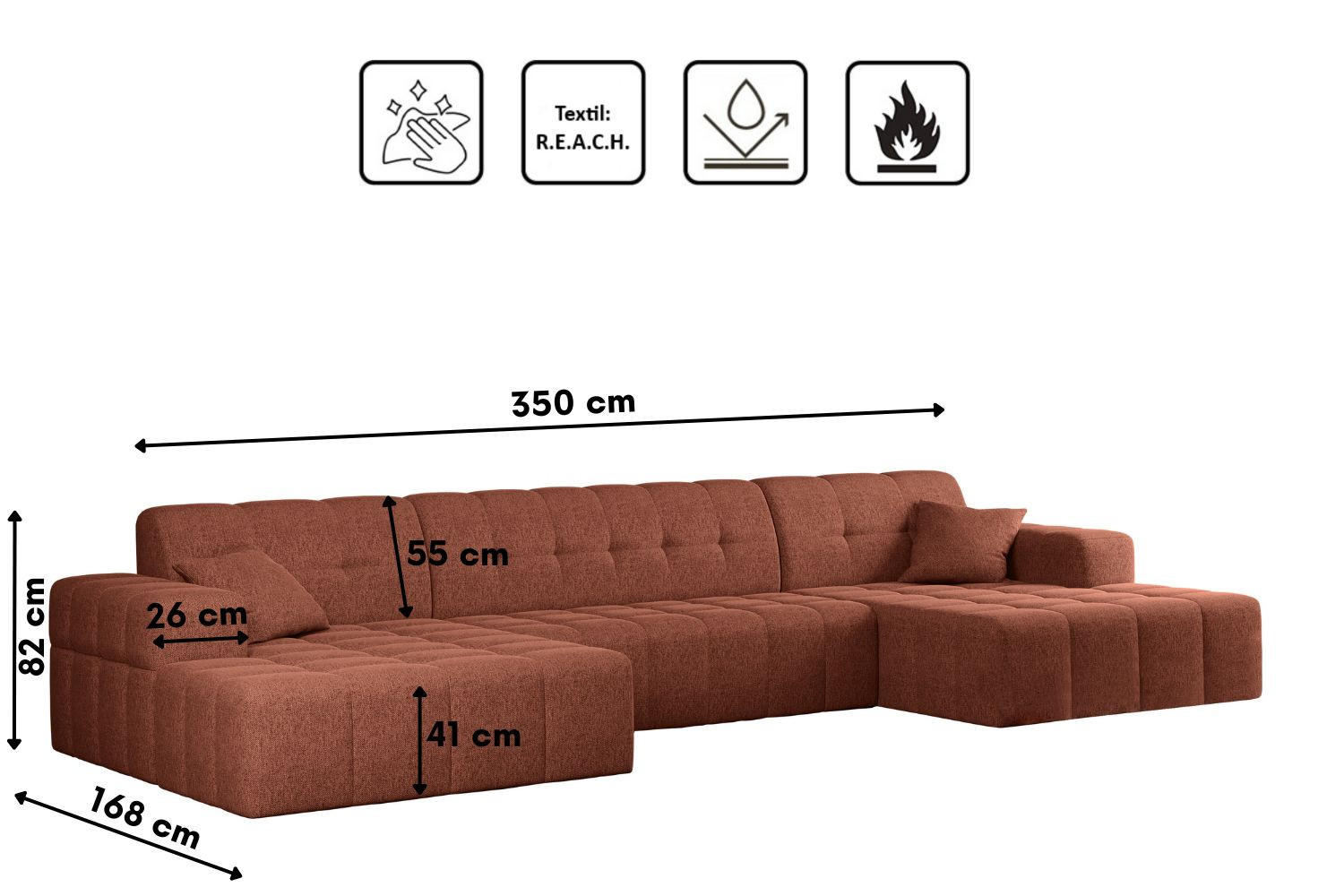 ECKSOFA U-form Wohnzimmer NIMES Stoff VERITA Kupfer - Kupferfarben, Holz/Textil (350/168cm) - Kaiser Möbel