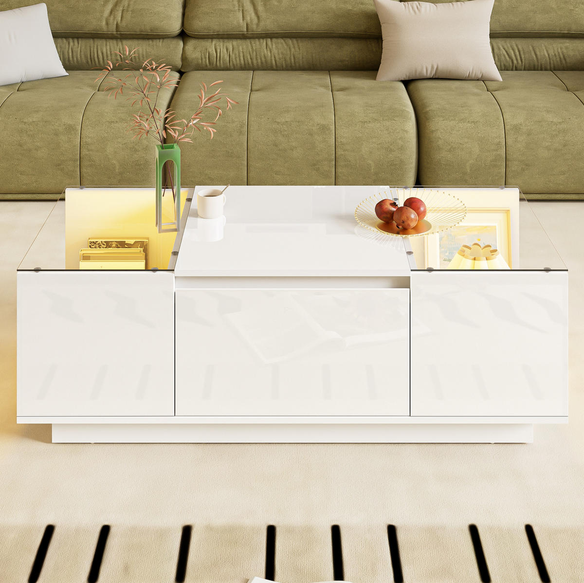 COUCHTISCH 105/50/35 cm mit LED-Beleuchtung, Stauraum, Glasplatten und 2 Schubladen, Weiß - Weiß, Holzwerkstoff (105/50/35cm) - Redom