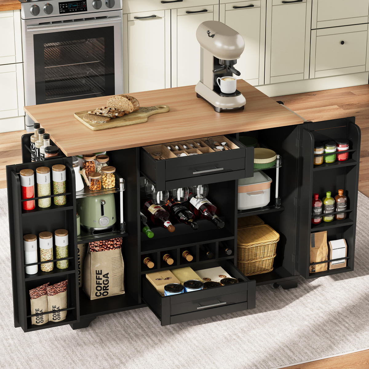 KÜCHENWAGEN mit ausklappbarer Arbeitsplatte 138 x 45/70 x 92 cm Schwarz/Natur - Schwarz, Holz (70/92/138cm) - Beauniv