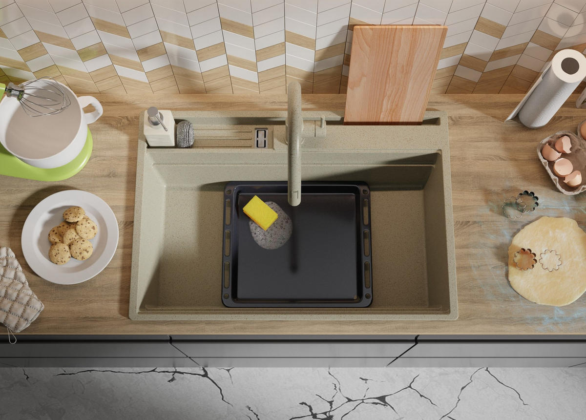 SPÜLBECKEN Oslo Pocket, 2-er set Beige 78/53 cm 1 Becken + Ablauf-Set + Küchenzubehörset ab 80er Unterschrank - Chromfarben/Beige, Kunststoff (78/20/53cm) - Primagran