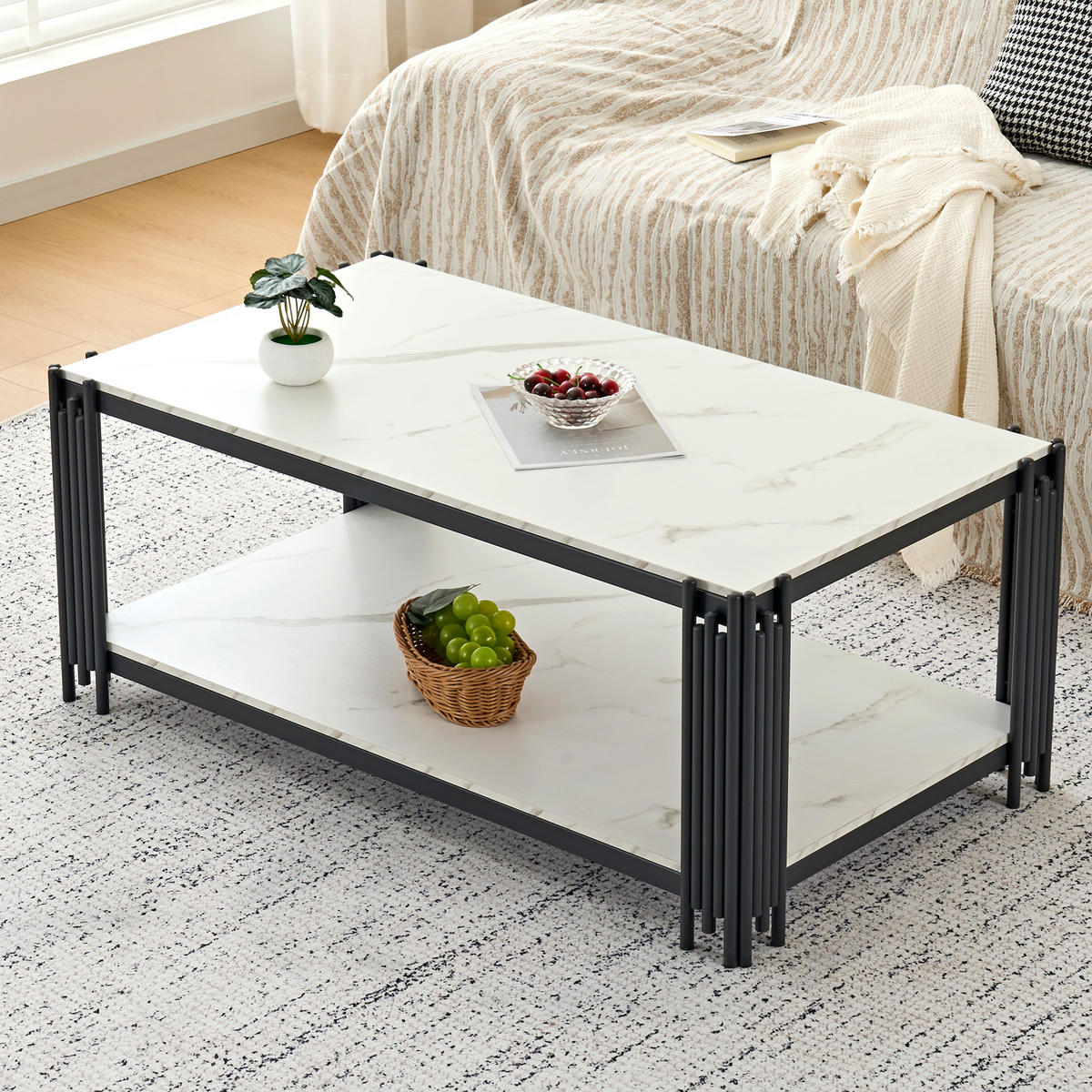 COUCHTISCH in Weiß-Schwarz Wohnzimmertisch mit Metallbeinen für Wohnzimmer, B140/T64/H46cm - Schwarz/Weiß, Holzwerkstoff/Metall (64/114/46cm) - STILVORA
