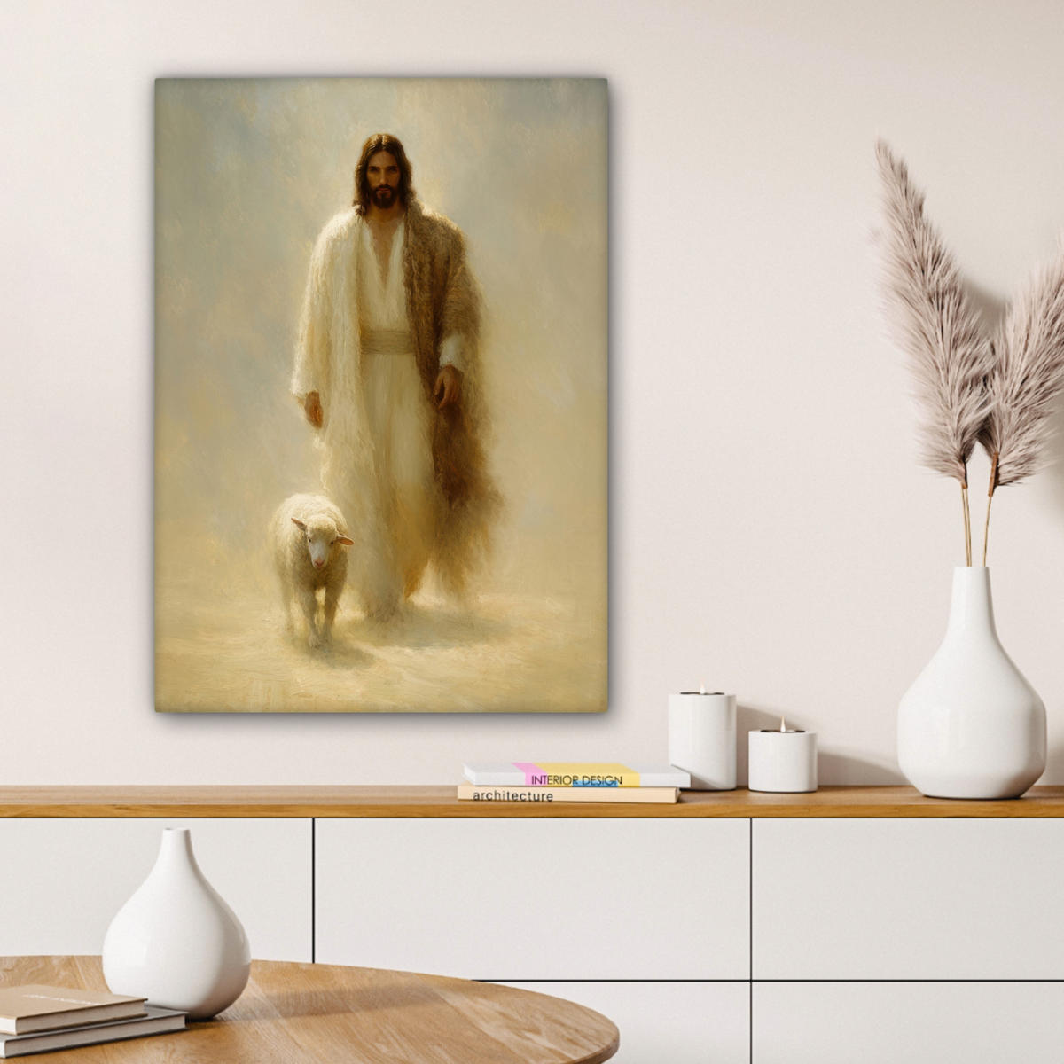 LEINWANDBILD Schaf - Jesus - Pinselstriche - Abstrakt Wandbild Wohnzimmer 60x80 cm - Sandfarben, Textil (60/80cm) - MuchoWow