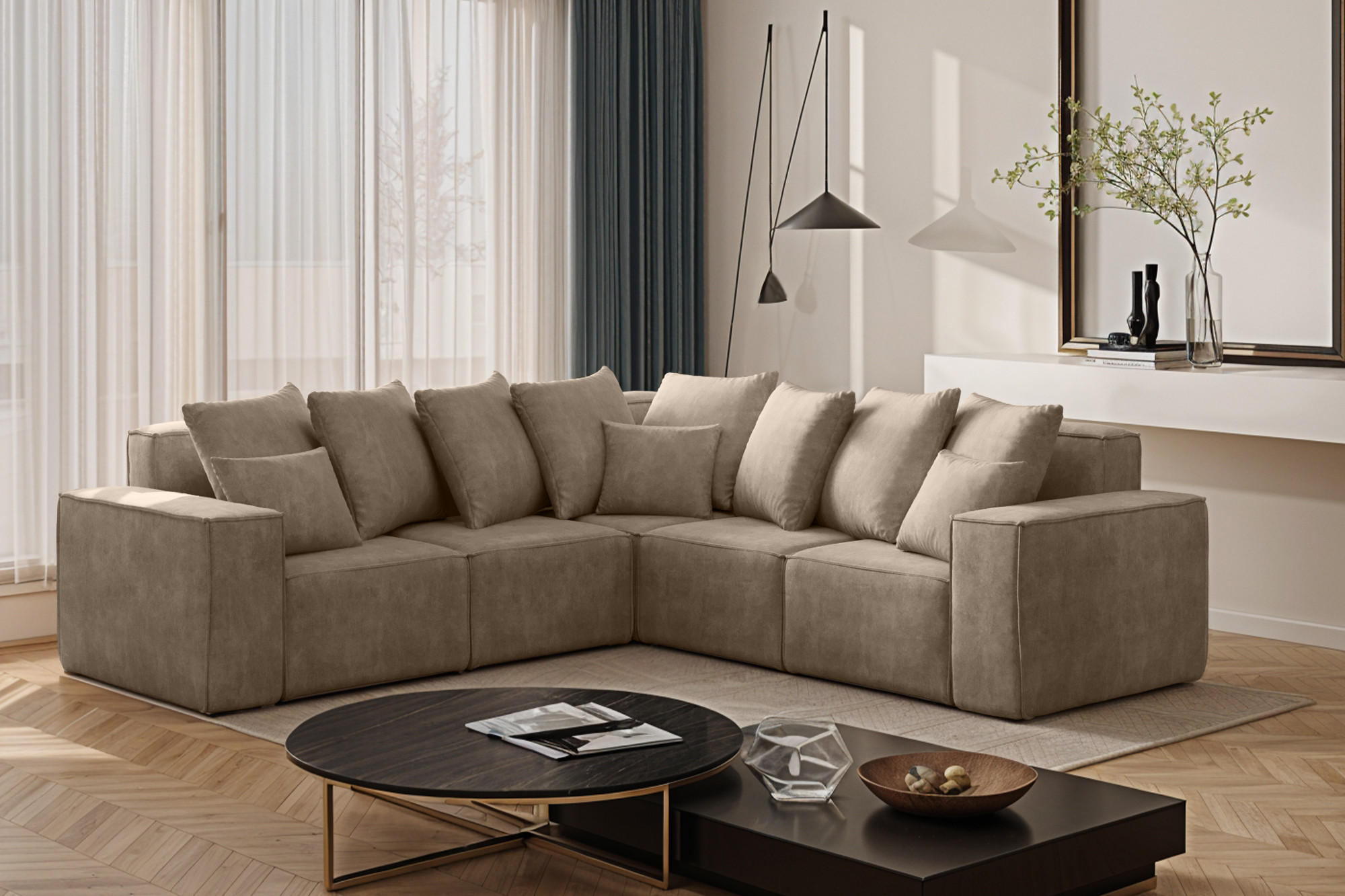ECKSOFA Corner Ella Stoff Noel Velours Beige - Beige, Holz/Textil (246/246cm) - Kaiser Möbel