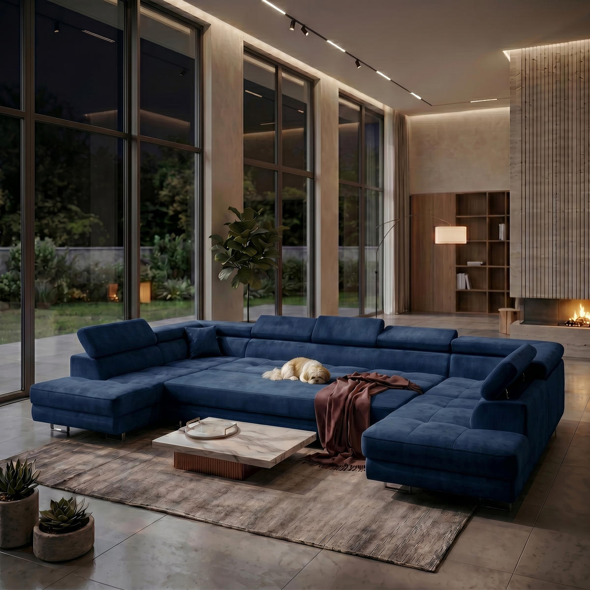 ECKSOFA U-Form WILD MAXI U2 mit Schlaffunktion 125x329 Velours Dunkelblau - Chromfarben/Dunkelblau, Holz/Textil (400/90/203cm) - Muffo