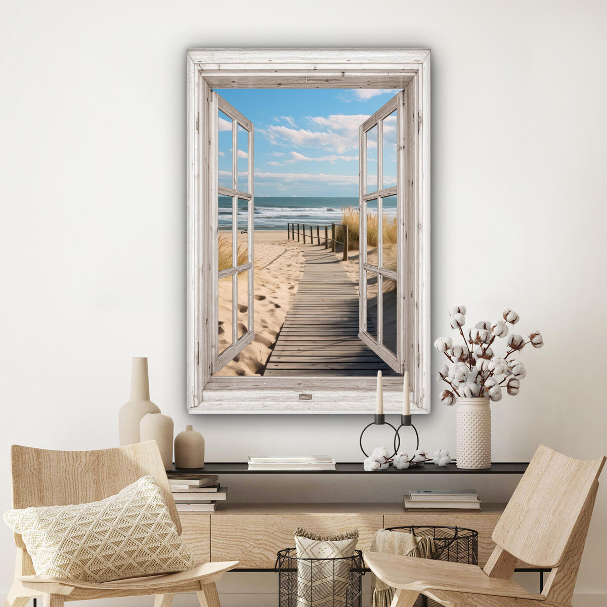 LEINWANDBILD Fenster - Meer - Küste - Natur - Ausblick - Strand - Wattenmeer 90x140 cm - Beige, Textil (90/140cm) - MuchoWow