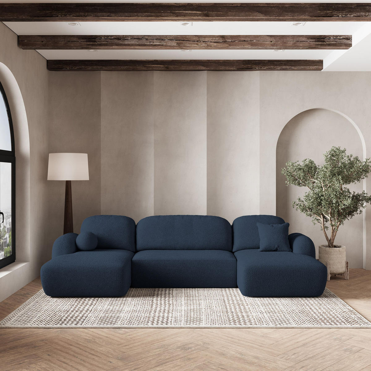 ROHOVÁ SEDAČKA SAVONA modrá - modrá/černá, dřevo/textil (320/148cm) - MASSENO