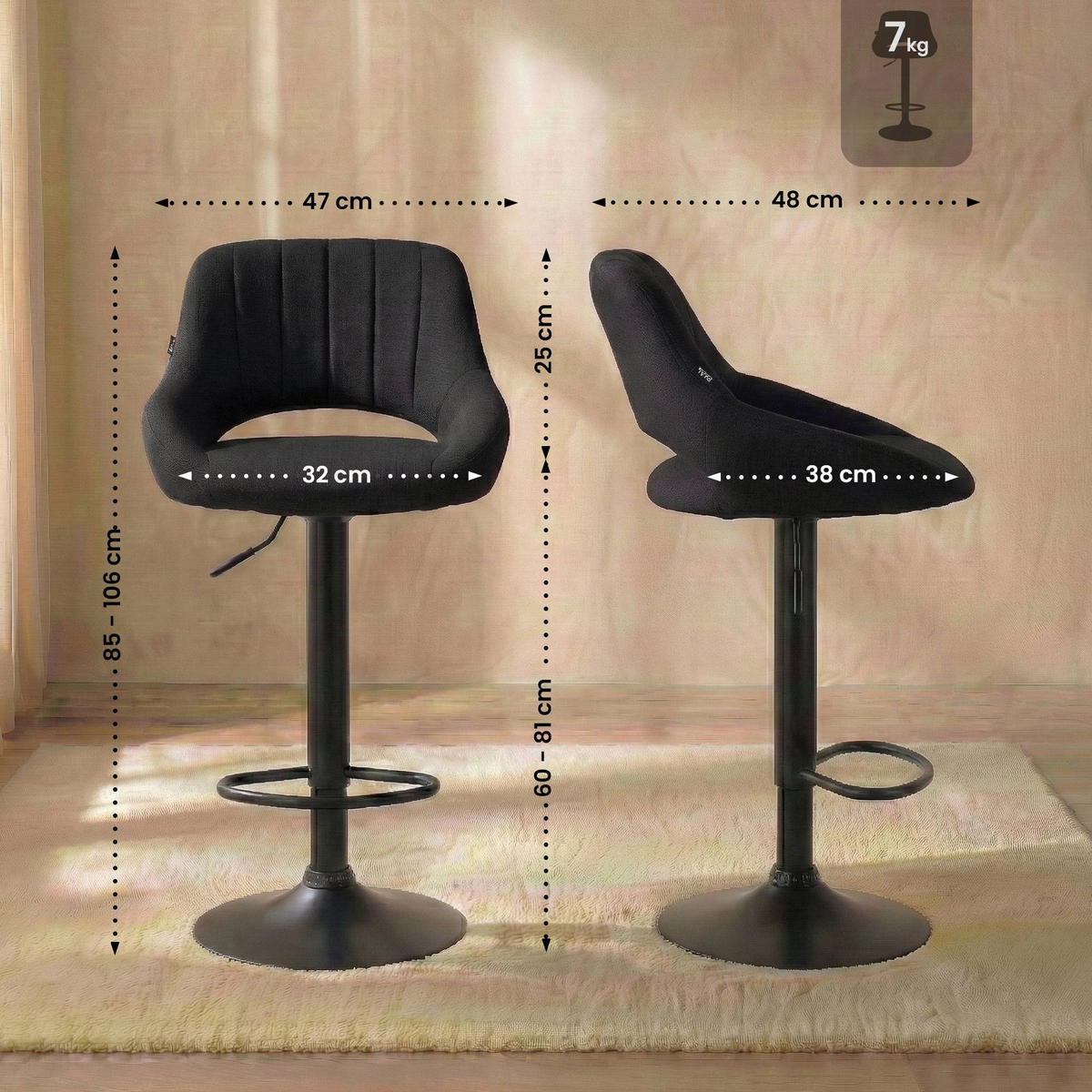 BARHOCKER Stoff Schwarz - Schwarz, Textil/Metall (47/85/48cm) - CLP