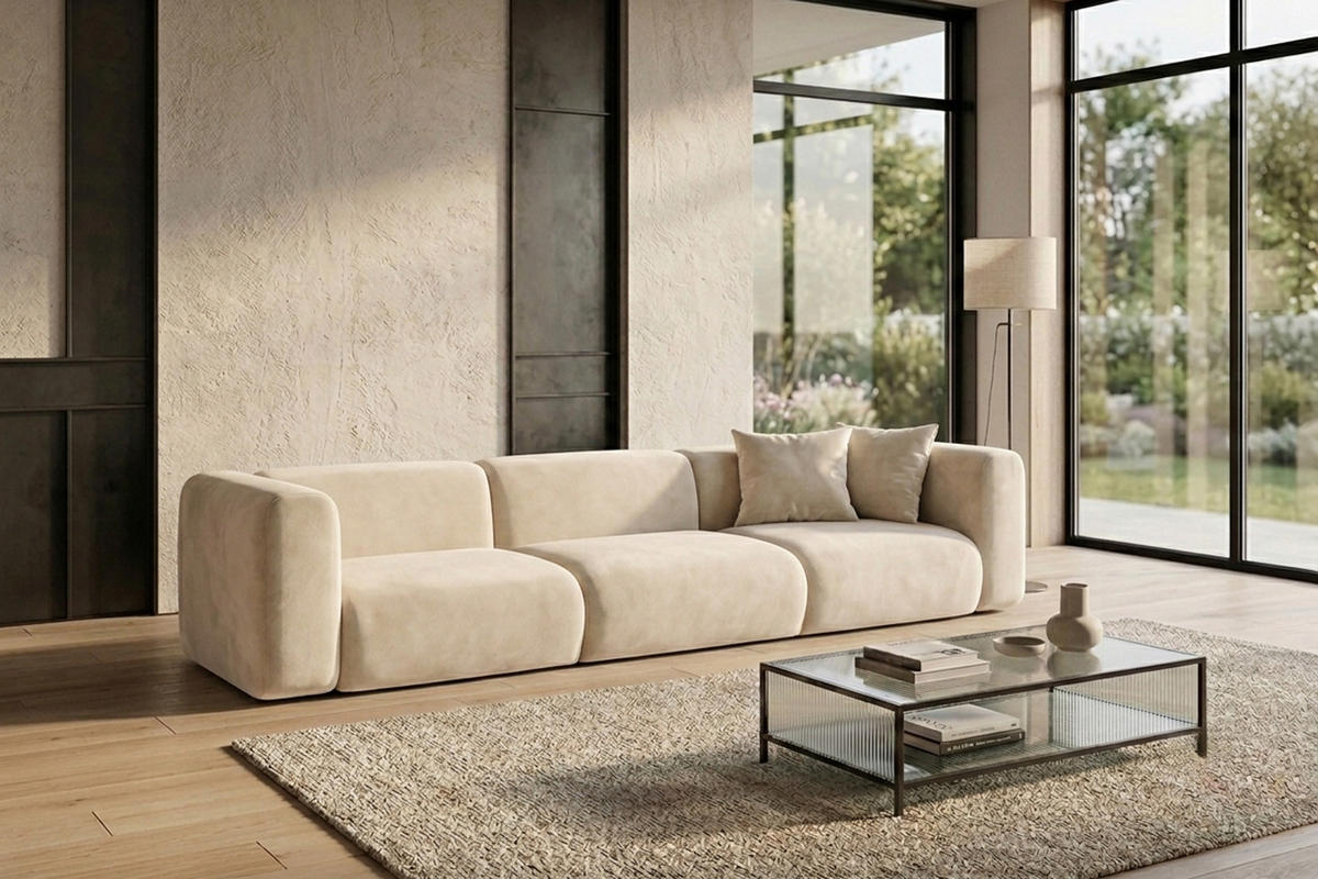 SOFA 3-Sitzer, Velvet-Stoff Bluvel, Creme, GRETA - Creme, Holz (319/70/89cm) - Kaiser Möbel