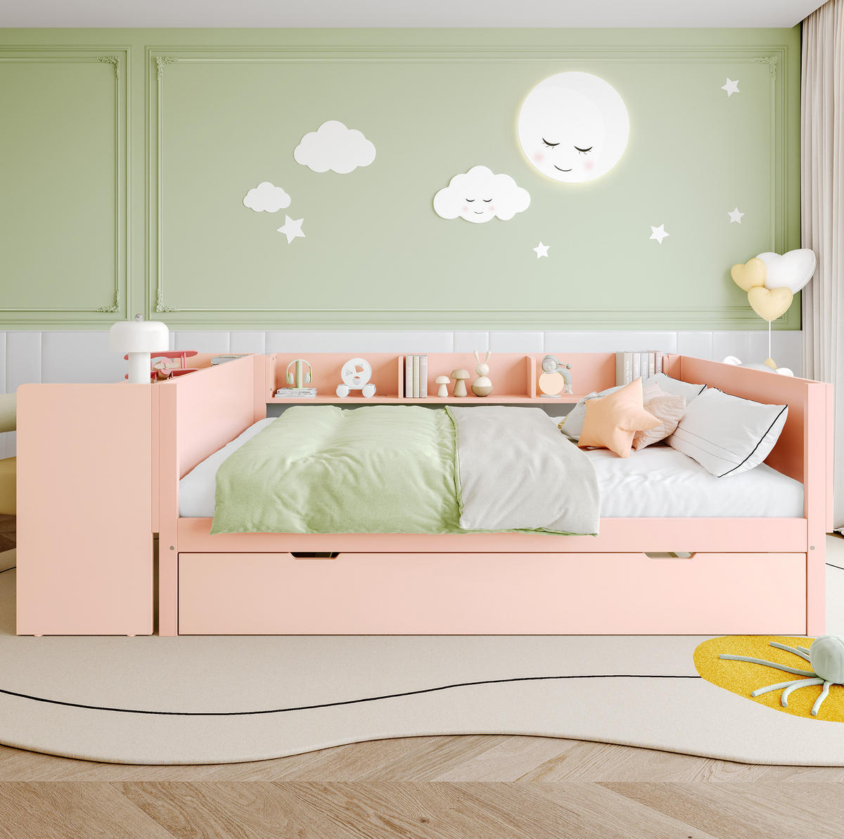 KINDERBETT aus Kiefernholz und Spanplatte 140x200 cm Weiß/Rosa mit Schreibtisch, Rollbett und 3 Regalen - Rosa, Holz (140/200cm) - Modfu