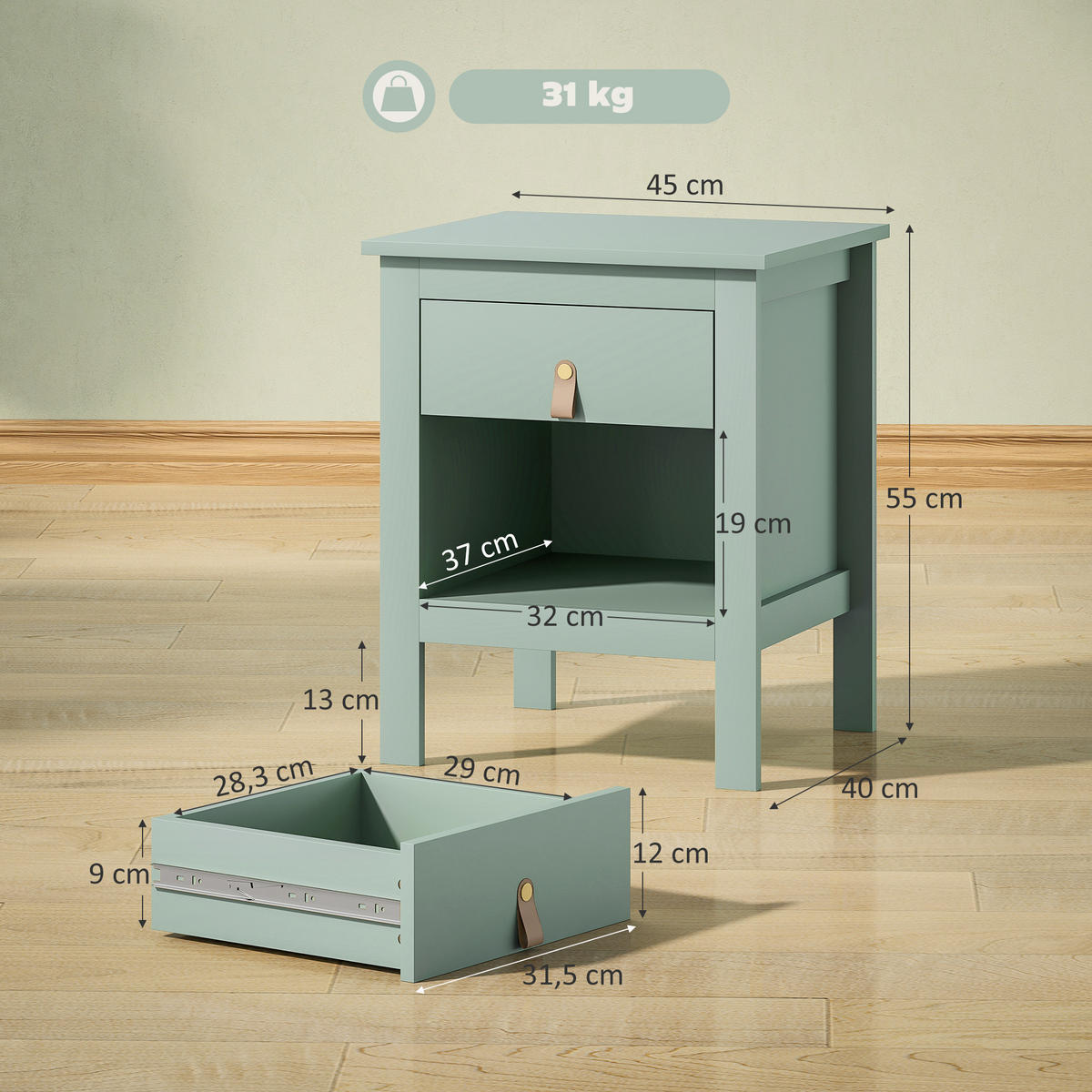 NACHTSCHRANK DE-12880 Schublade und offenes Fach Grün - Grün, Holzwerkstoff (40/55/45cm) - ComfortXL