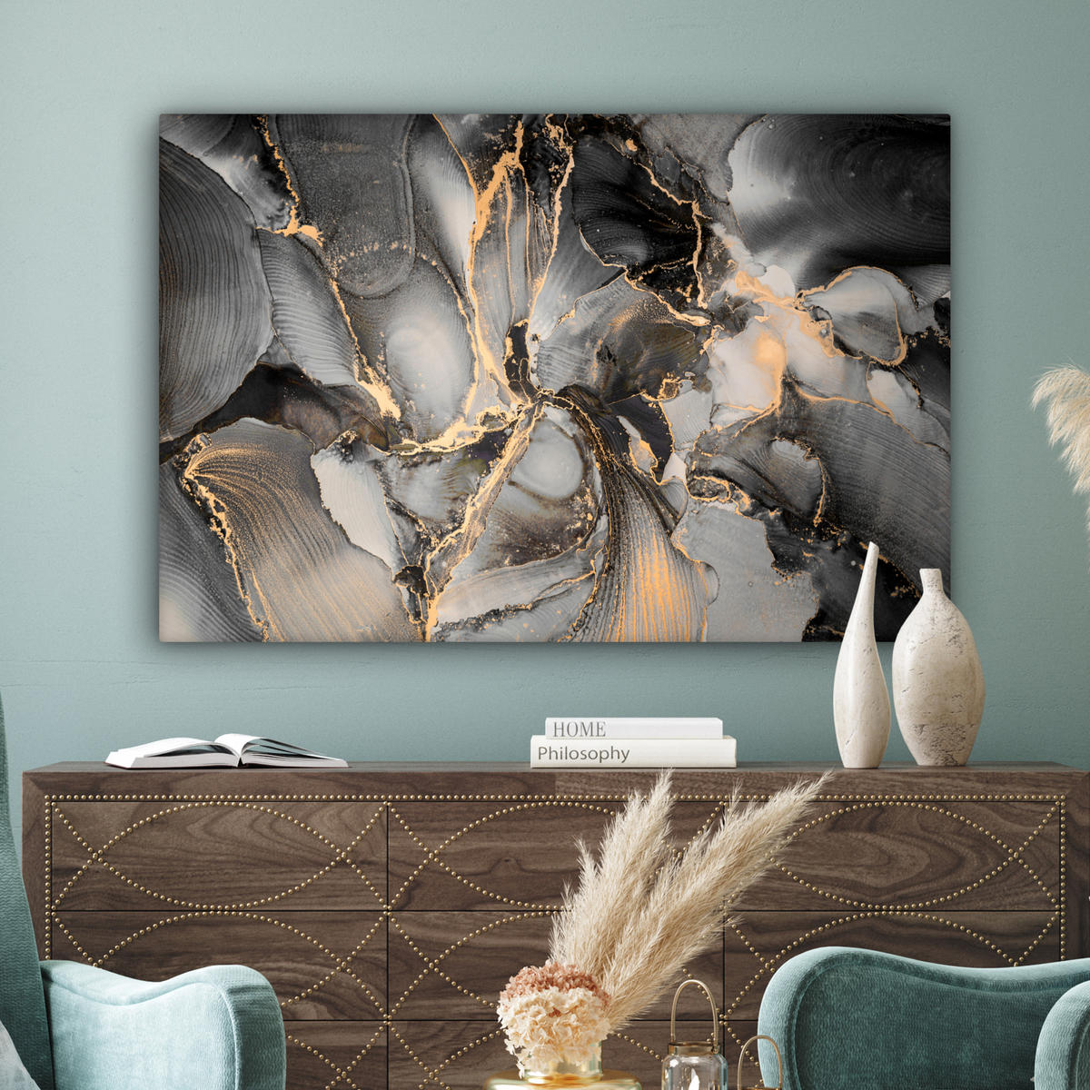 LEINWANDBILD Grau - Luxus - Gold - Marmor Groß 140x90 cm - Dunkelgrau, Textil (140/90cm) - MuchoWow