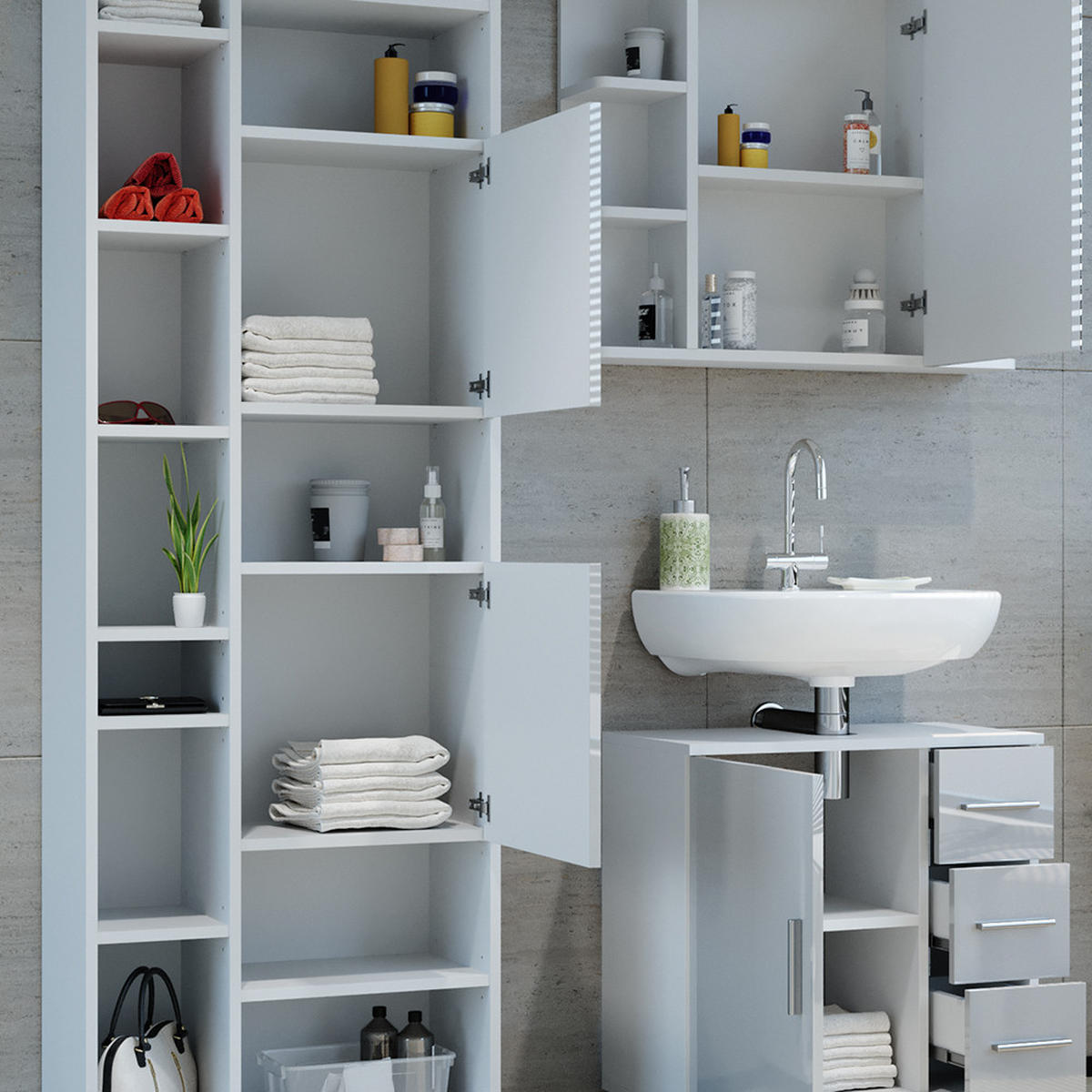 BADMÖBEL-SET Ilias Weiß Hochglanz 3 Teile, mit Hochschrank - Weiß Hochglanz/Weiß, Holzwerkstoff (60/60.8/33cm) - Vicco