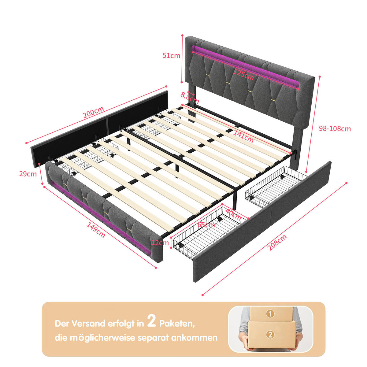 BETTGESTELL 140x200 cm mit verstellbarem Kopfteil Schubladen und Lattenrost Leinen - Grau, Holz/Metall (140/200cm) - PARAFTA HOME