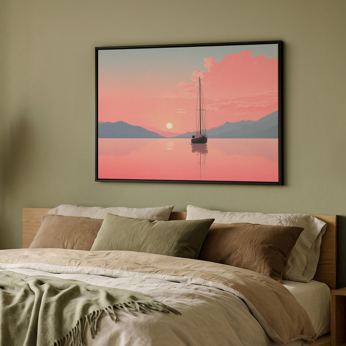 LEINWAND Bilder mit Rahmen - Segelboot - Rosa Meer - Sonnenuntergang - Berge - 100x70 - Rosa, Textil (100/70cm) - OnlyWow
