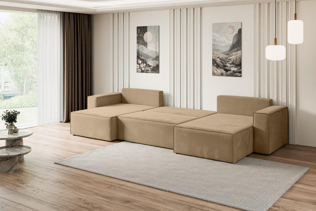 WOHNLANDSCHAFT mit Schlaffunktion und Bettkasten CELTIC-XLU - 377x143x83 cm Beige Velours - Beige/Schwarz, Holzwerkstoff/Kunststoff (377/83/143cm) - ALTDECOR