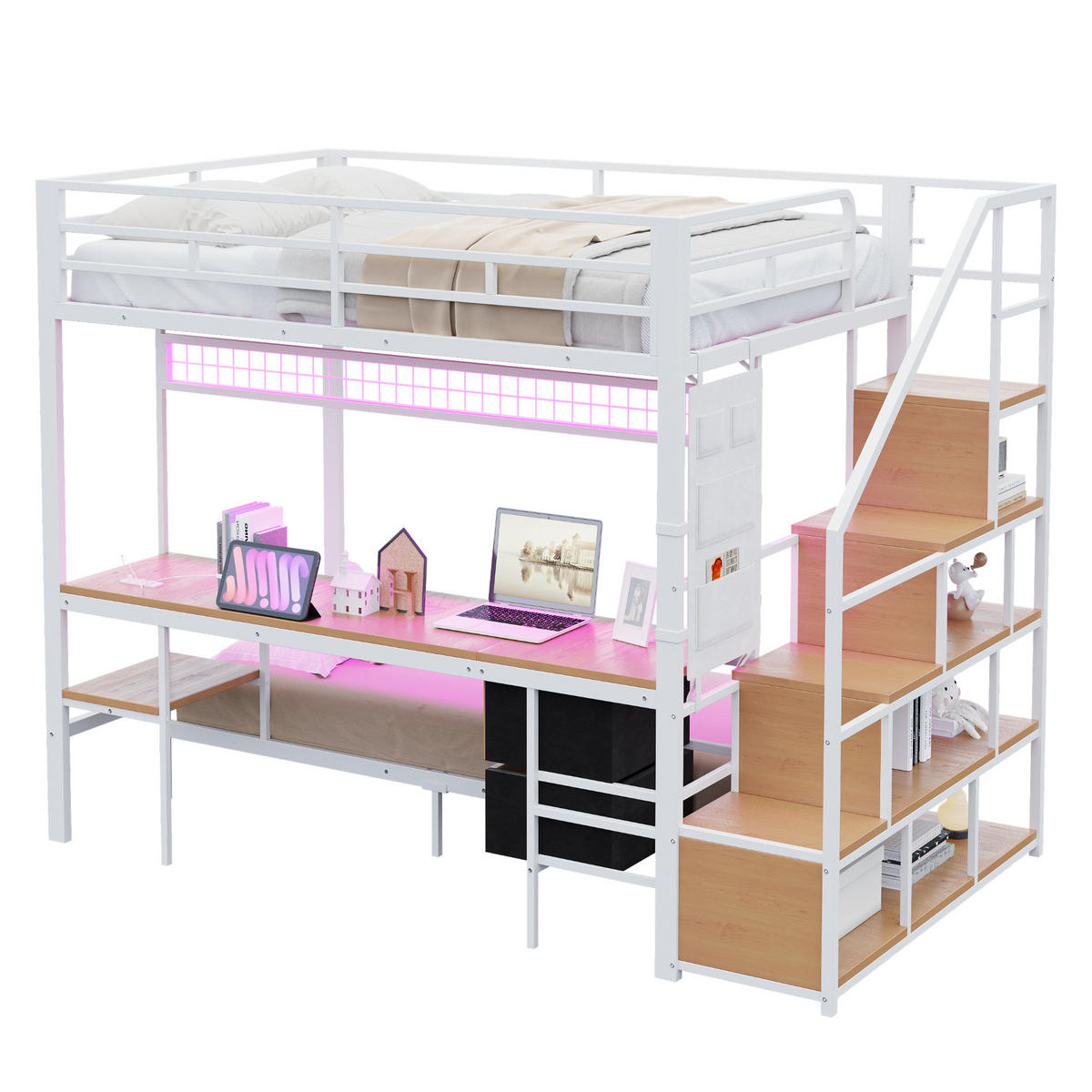 HOCHBETT 140/200 cm weiß aus Metall und Holz mit Schreibtisch LED und Steckdosen - Weiß, Metall (140/200cm) - OKWISH