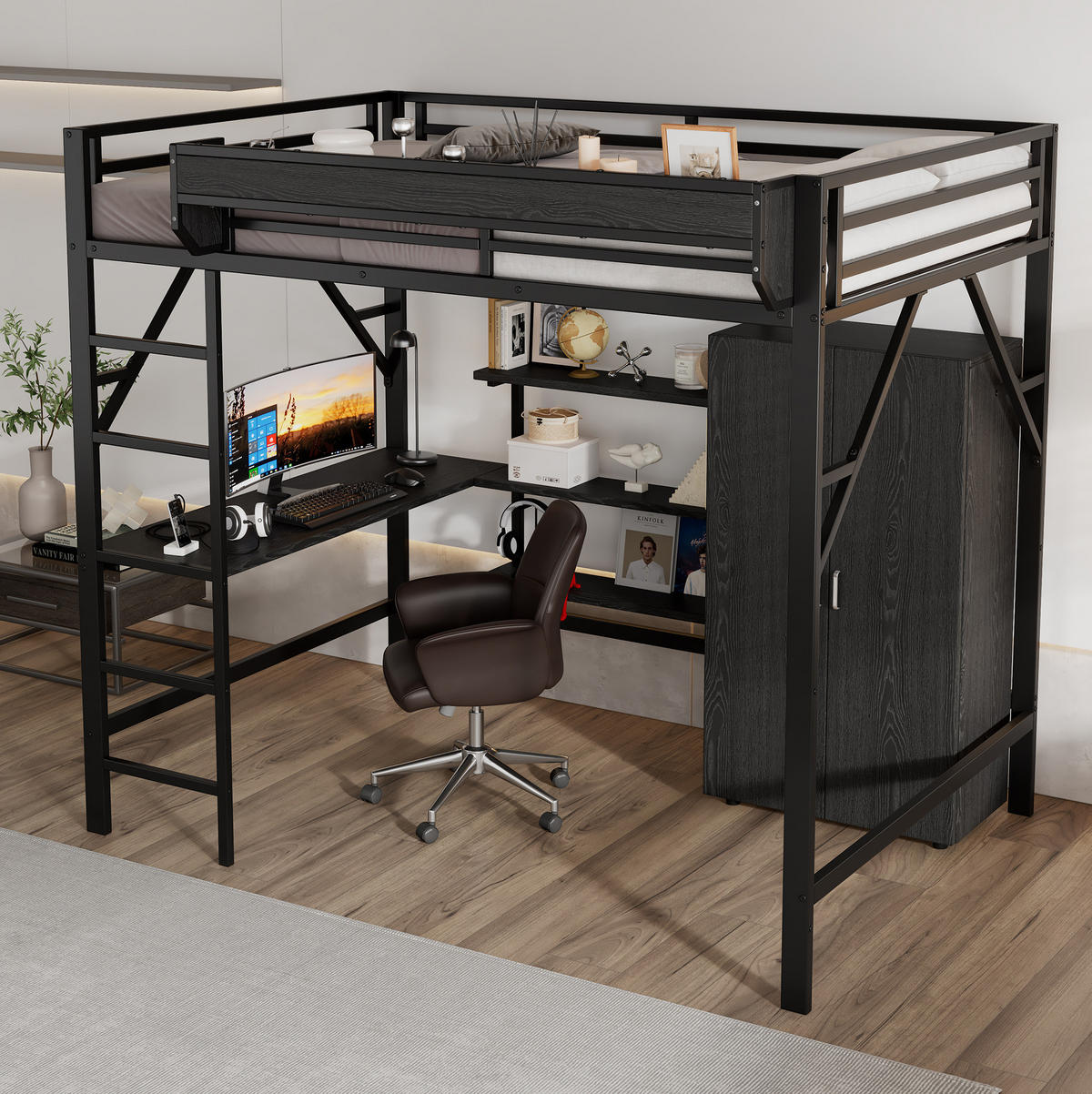 HOCHBETT aus MDF & Metall 140x200 cm in Schwarz mit Schreibtisch & Kleiderschrank - Schwarz, Holzwerkstoff (140/200cm) - Modfu