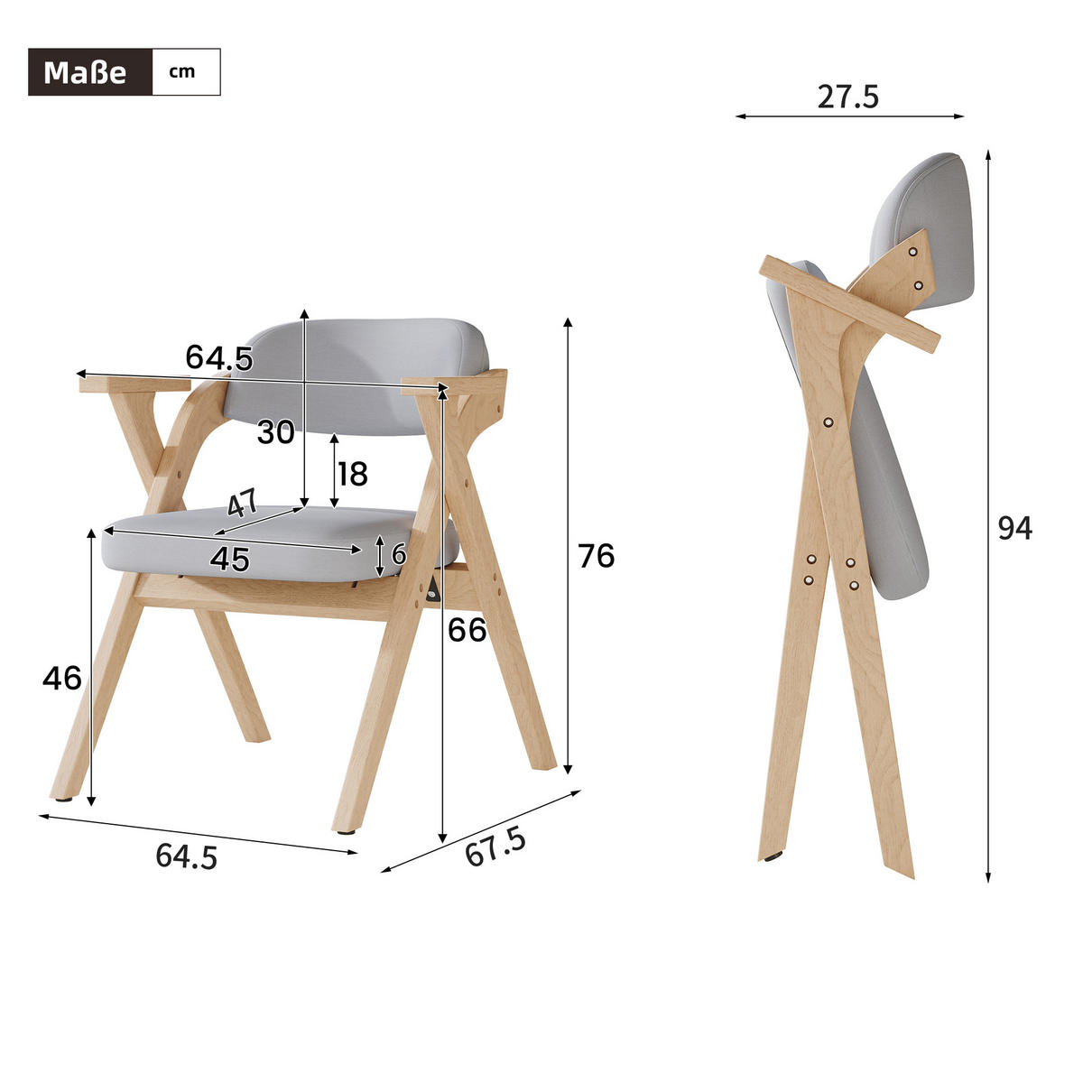 ESSZIMMERSTUHL 2 Klappbar Massivholz Leinen Grau Modern - Grau, Holz (64.5/76/66.5cm) - FLIEKS