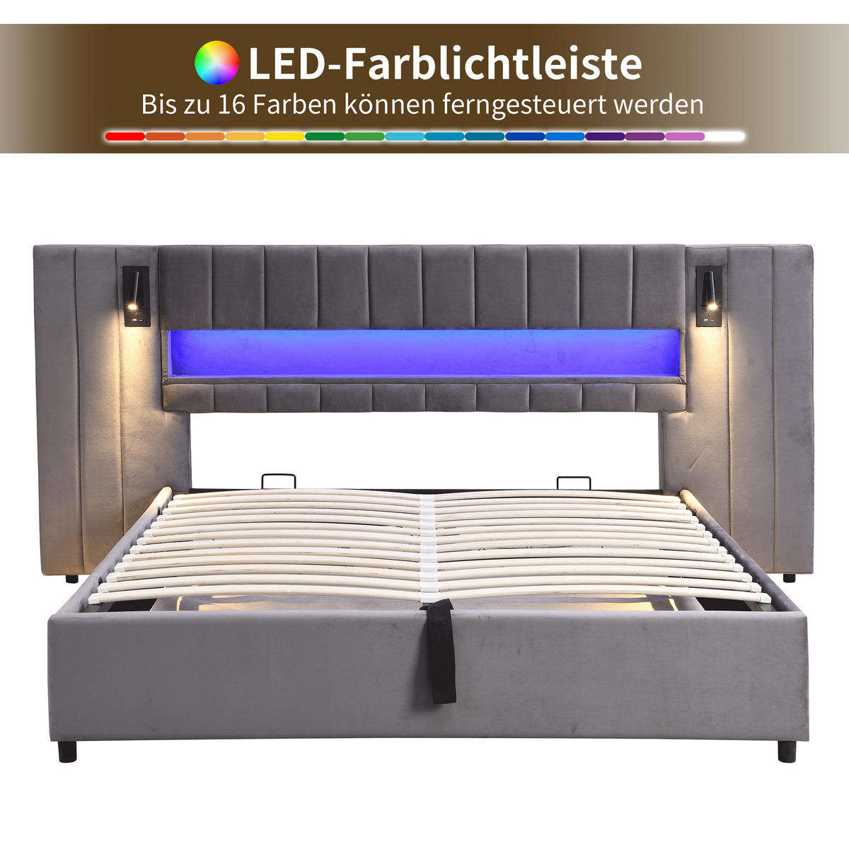 POLSTERBETT aus Samt 180x200 cm Grau mit Stauraum, LED-Beleuchtung und USB-Anschlüssen - Grau, Textil (180/200cm) - IVMEU