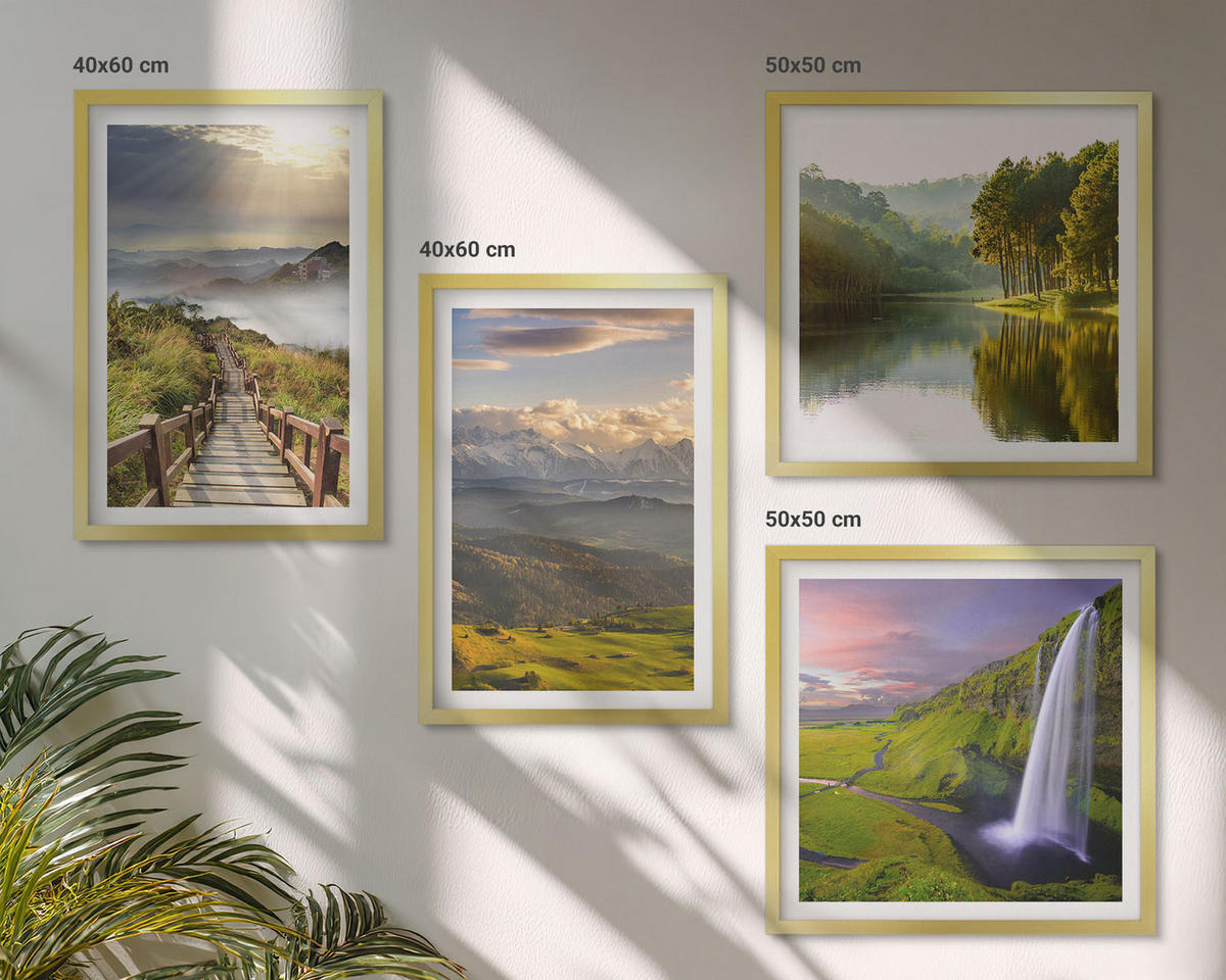 BILDER SET 4er Set - 50x50 cm & 40x60 cm Goldrahmen - Berglandschaften Wasserfall - Goldfarben, Kunststoff (50/50cm) - TULUP