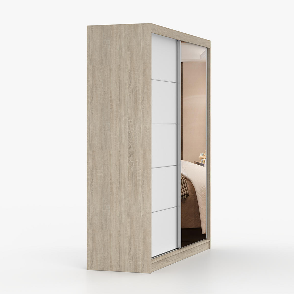 SCHWEBETÜRENSCHRANK 183/218/61 cm 2-türig Bella 03 Sonoma Eiche, Weiß - Alufarben/Weiß, Glas/Holzwerkstoff (183/218/61cm) - imoebel24